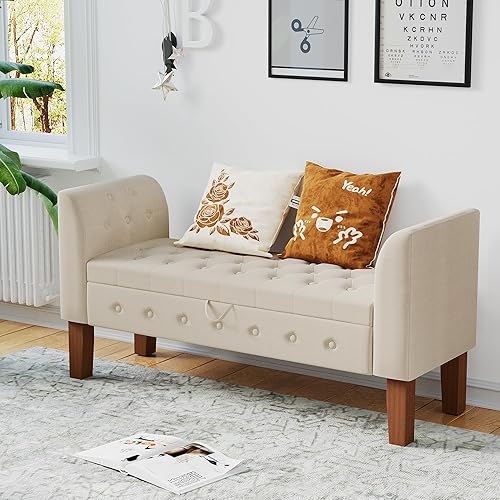 Miniatura 17 de Awonde Banco de almacenamiento armado para dormitorio, entrada, sala de estar, banco otomano tapizado copetudo, color gris Gris,Beige,Gris