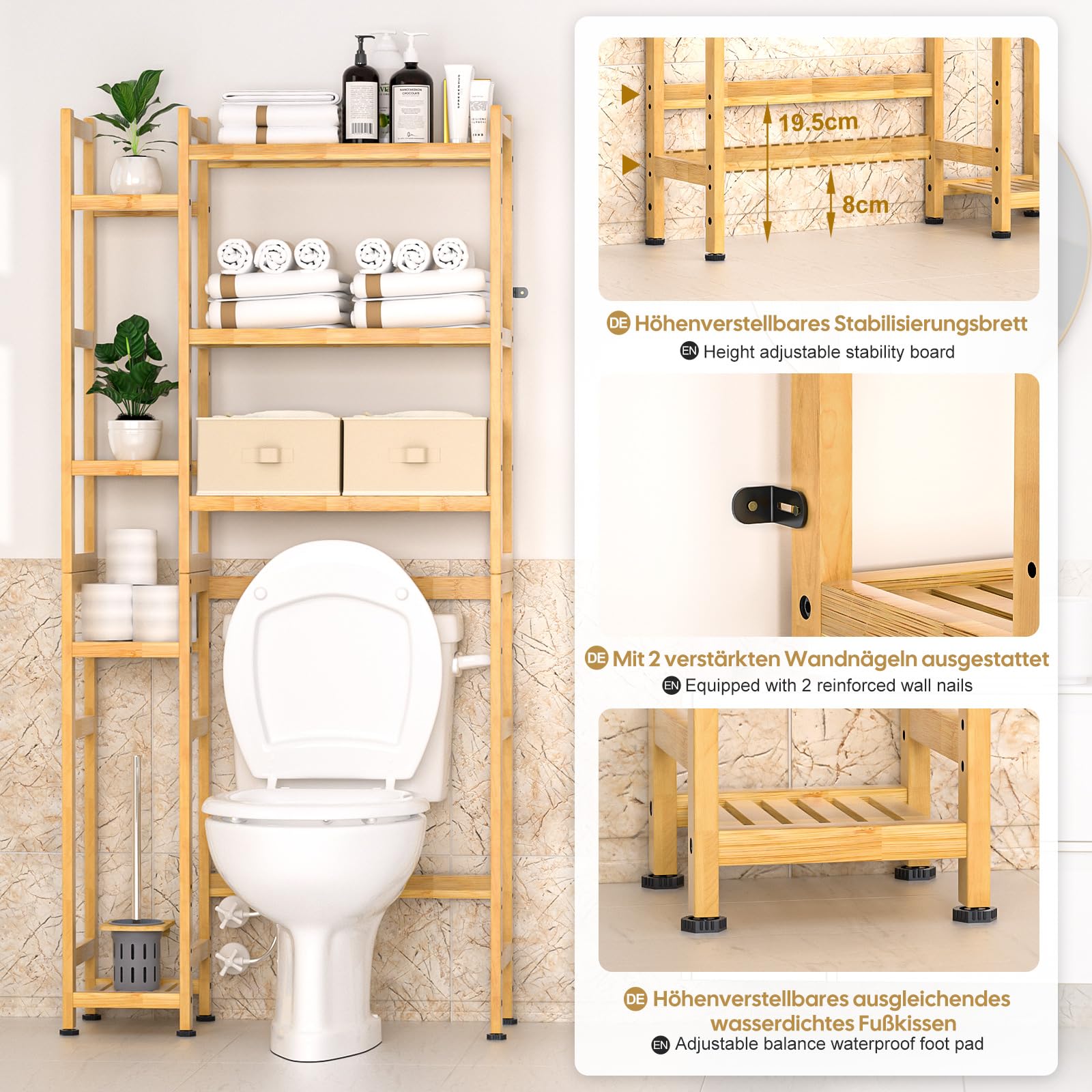 Yorbay Estantería para inodoro con 2 cestas, estantería de baño de bambú, 3 niveles ajustable, con almohadilla impermeable para los pies, multifuncional, ahorra espacio, fácil montaje (natural)