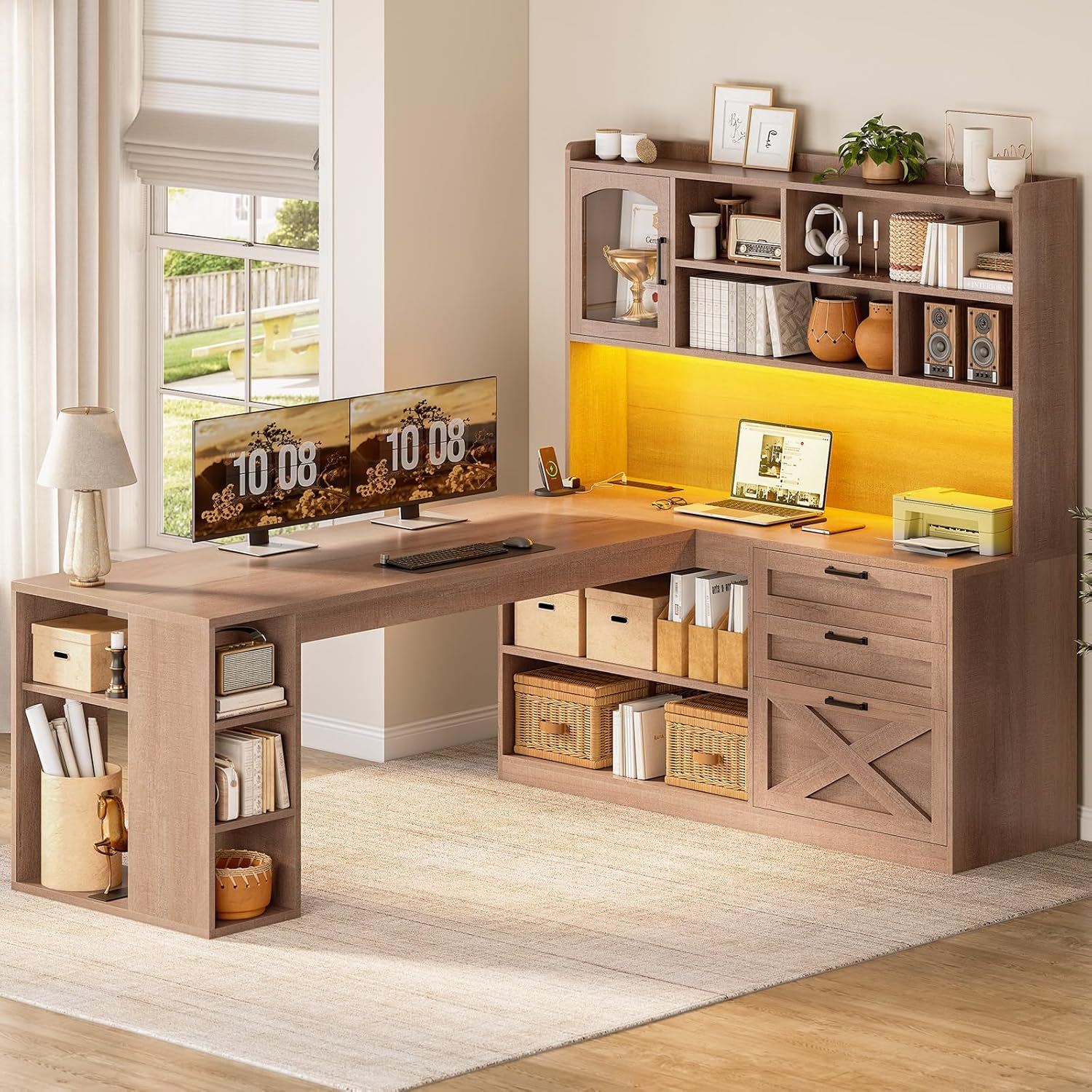 SEDETA Farmhouse L Shaped Office Desk with Drawers, 61” Computer Desk with Storage Shelves and Power Outlet, Corner Gaming Desk with LED Light and Display Cabinet for Home Office, Light Brown