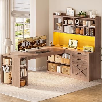 SEDETA Farmhouse L Shaped Office Desk with Drawers, 61 Computer Desk with Storage Shelves and Power Outlet, Corner Gaming Desk with LED Light and Display Cabinet for Home Office, Light Brown