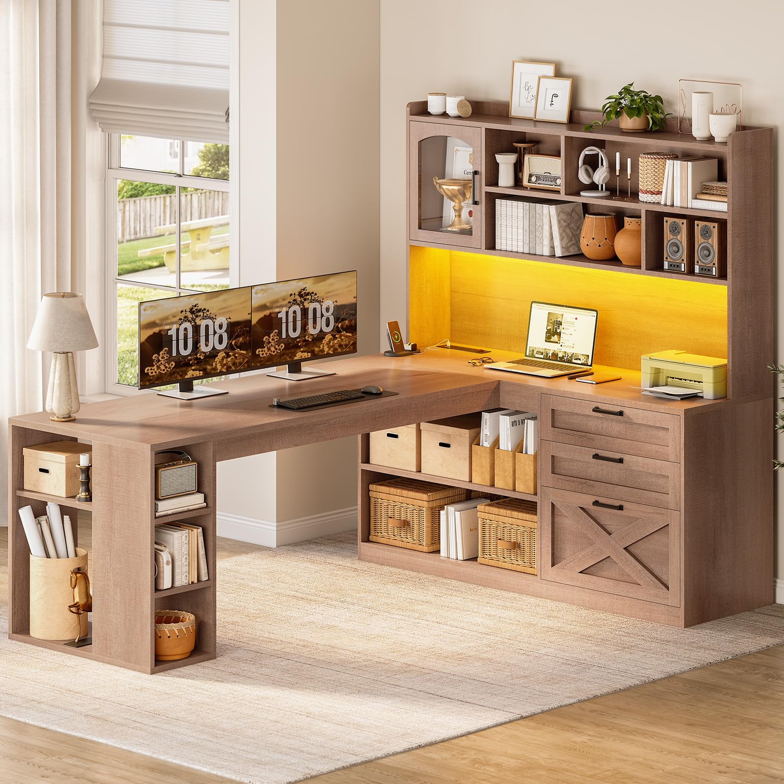 Overall view of the SEDETA Farmhouse L-Shaped Office Desk with dimensions