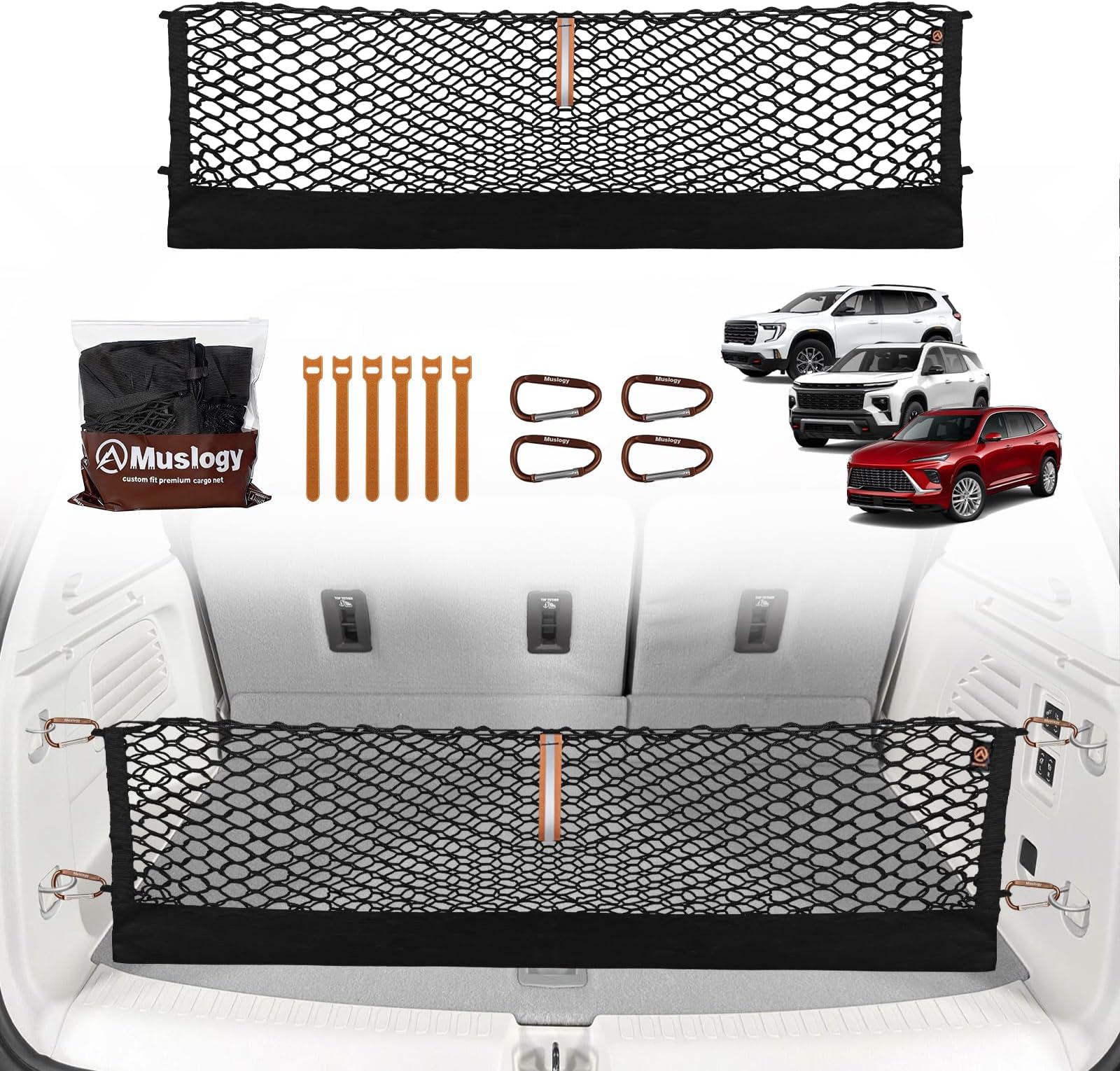 Muslogy Truck Bed Cargo Net Trunk Netting Compatible with 2024-2026 GMC Acadia | Chevy Traverse | 2025+ Buick Enclave Accessories, Pickup Cargo Organizer SUV Sedan Storage Net w/Heavy Duty Carabiners