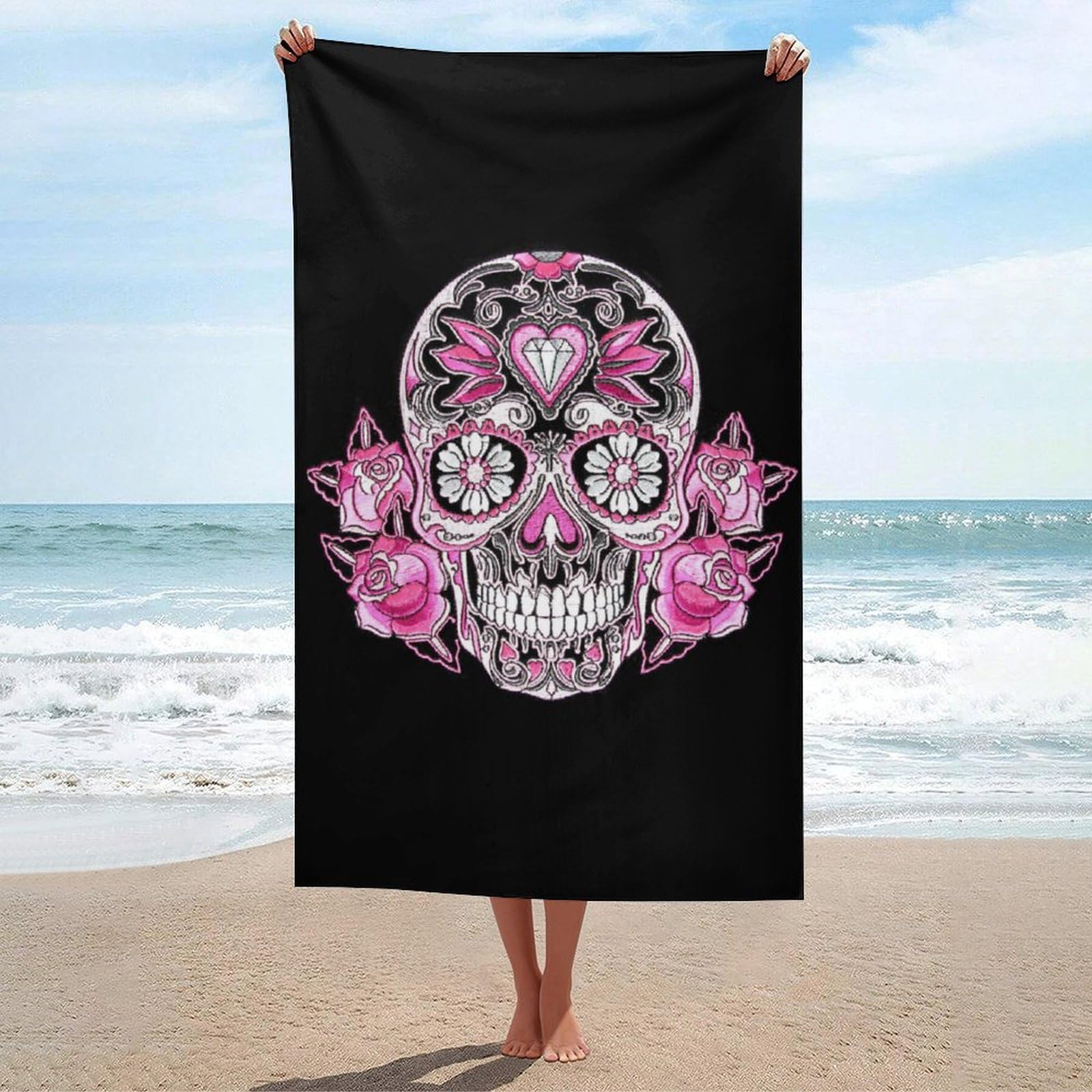 LEDFCVSU Beach Towel, Pink Sugar Skull Bath Towel, Absorbent Towel for Swimming, Sports, Travel