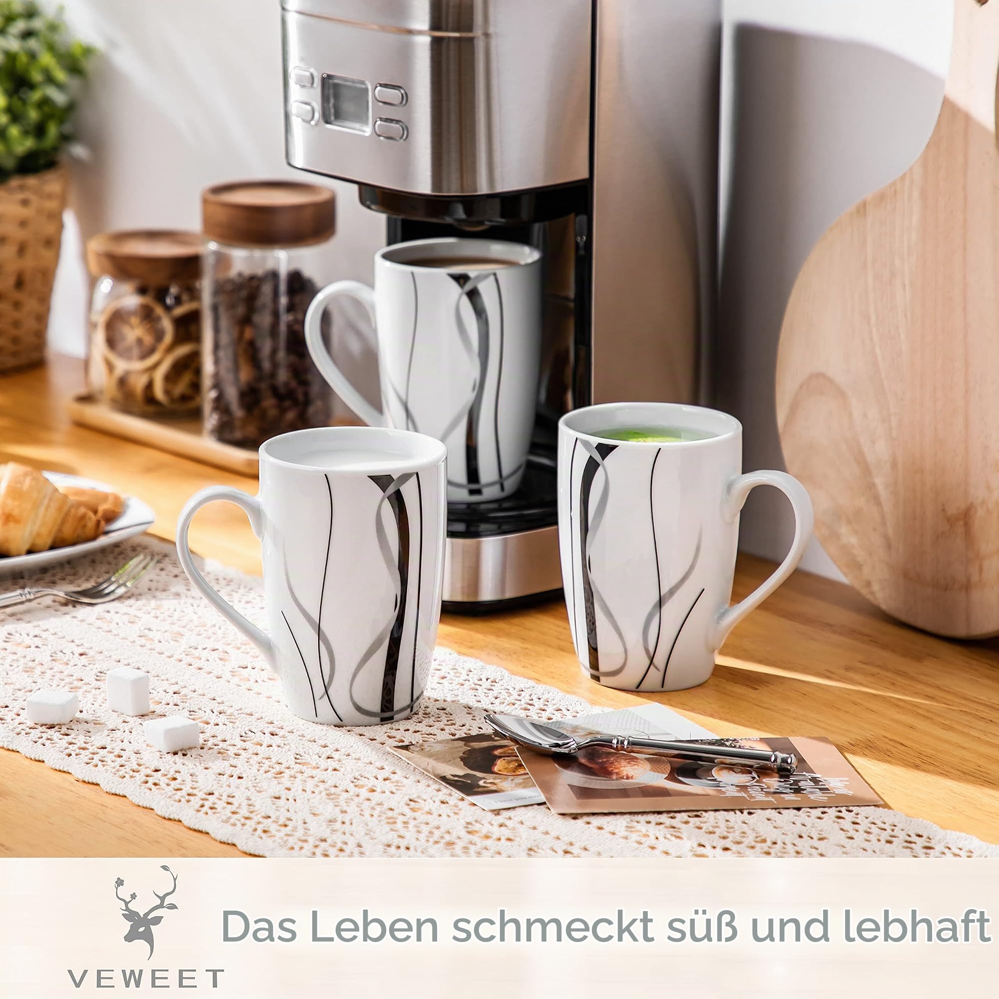 VEWEET, Porzellan Kaffeebecher 'Fiona' 6-teilig Set |Hohe Kapazität Füllmenge 480 ml, Höhe 12,3 cm |Kaffeetassen Teetassen für 6 Personen