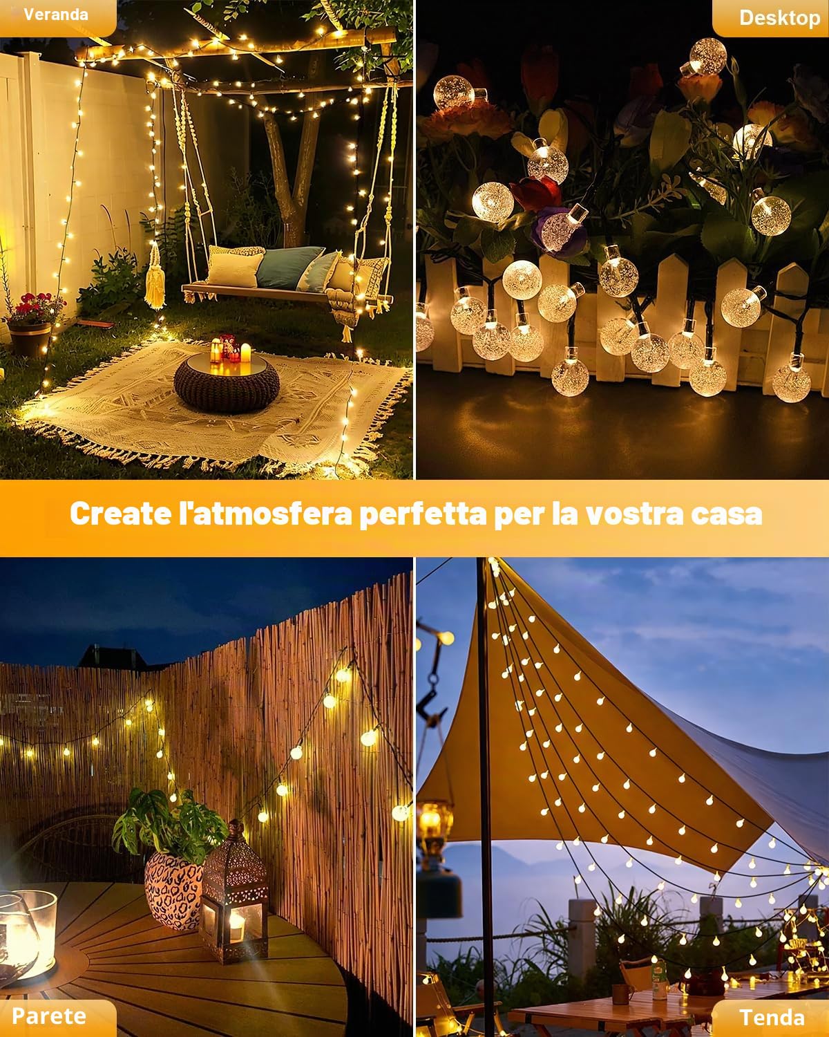 Ghirlanda luminosa solare per esterni - 6 m - 30 sfere LED di cristallo - 8 modalità di illuminazione - Impermeabile IP65 - Bianco caldo - Ideale per giardino, balcone, terrazza e alberi