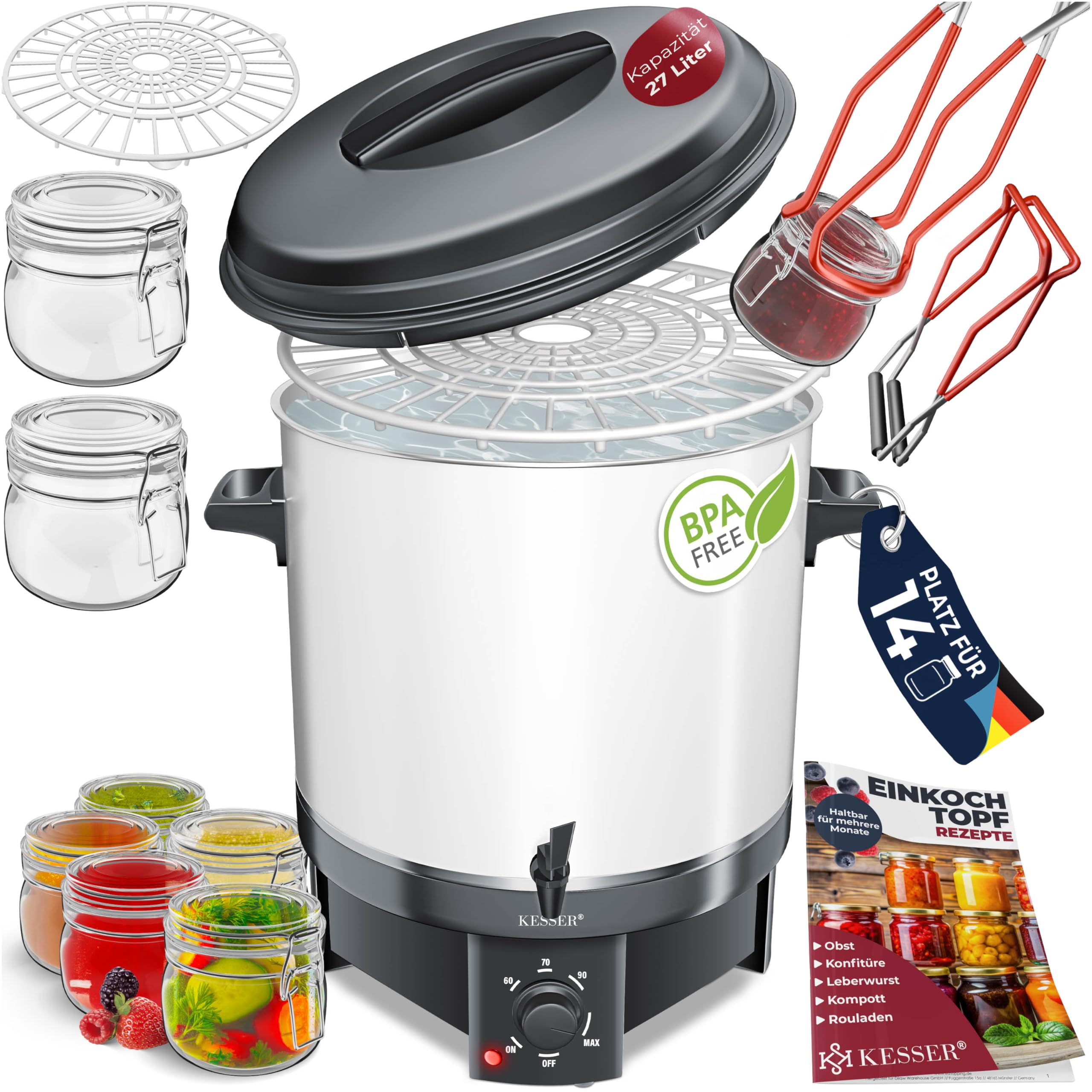 KESSER Einkochautomat 27 Liter, Edelstahl| 1800 Watt | Temperatur von 30-100°C | Dauerbetrieb | Abschaltautomatik Einkochvollautomat Heißgetränkeautomat Glühweintopf mit Zange & 2 Gläsern, weiß