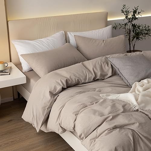 Miniatura 7 de JIYUAN Juego de funda de edredón de 100 % algodón lavado, cómodo, estilo simple, suave, transpirable, texturizado, duradero, sensación de lino para