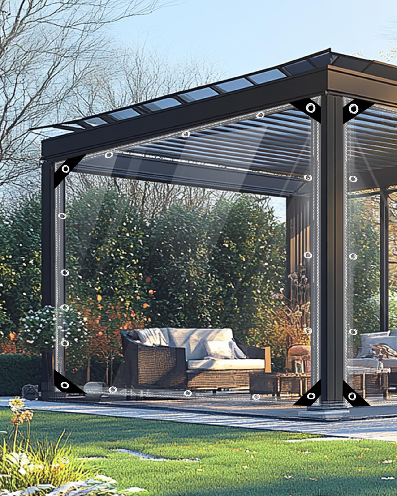 2.5x3m Plane Transparent mit Ösen Durchsichtige Plane Wasserdicht Abdeckplane, 420g/m² Abdeckplane Klare Abdeckfolie Windschutz Terrasse für Außenbereich