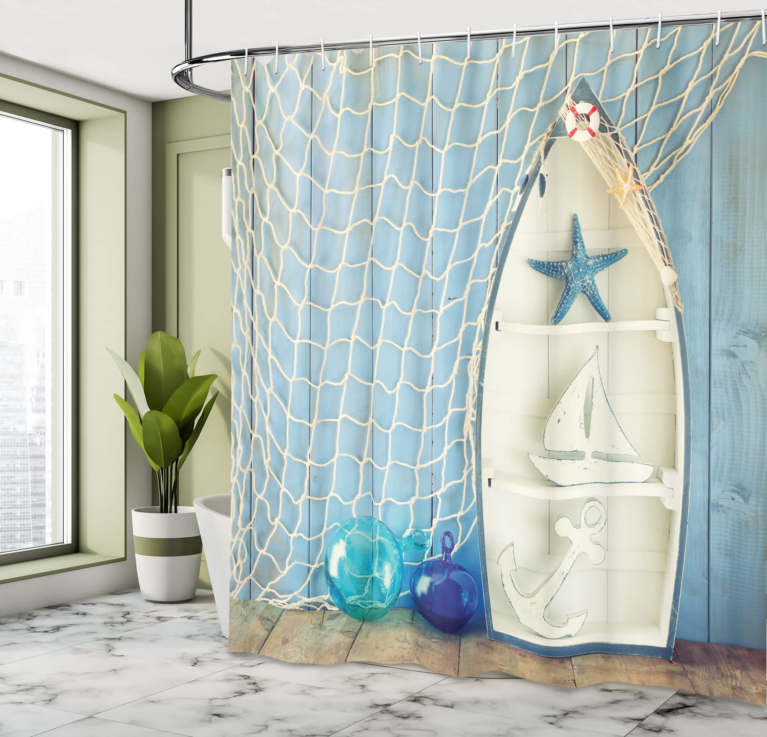 ABAKUHAUS Nautical Shower Curtain, Sea Objects on Wooden Backdrop Vintage Boat Starfish Shell Fishing Net Photo - Image 4