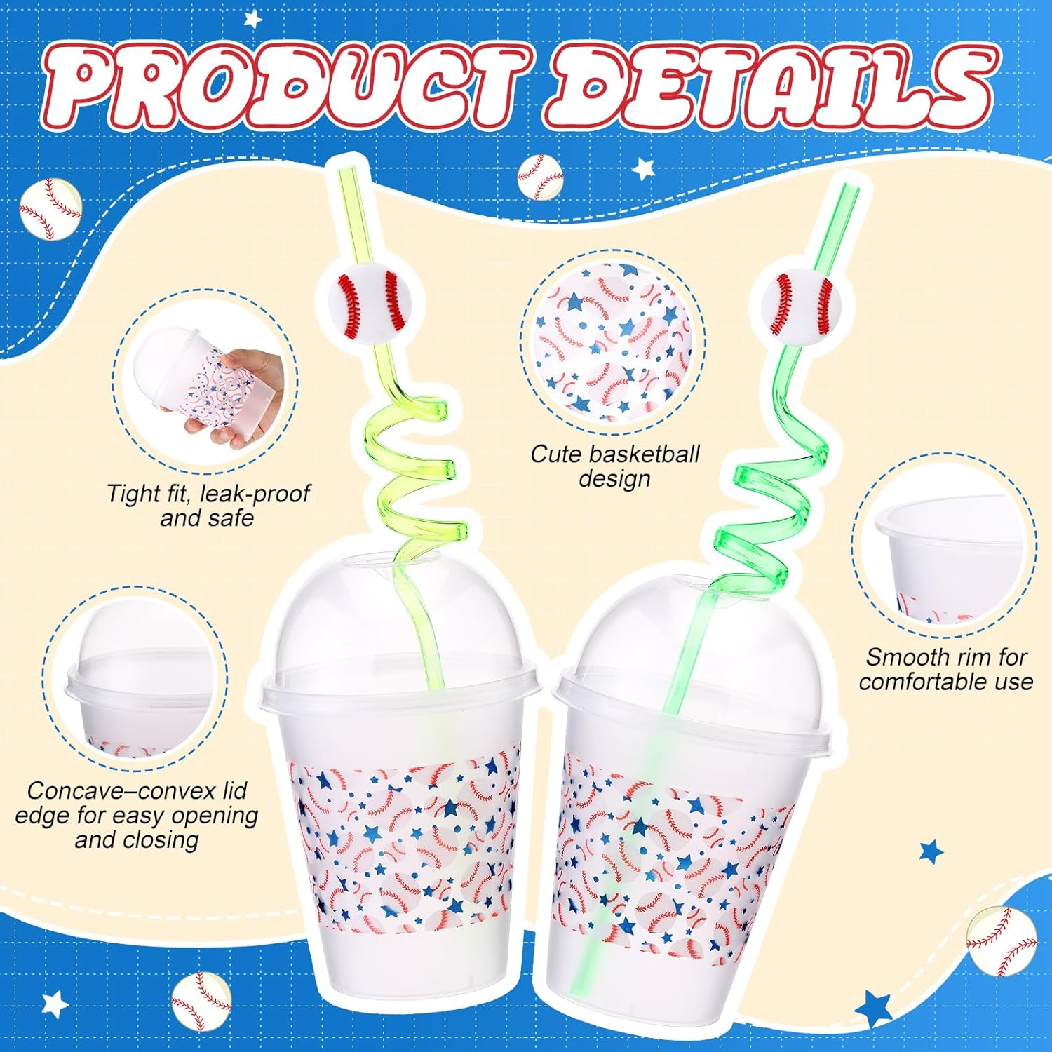32 Pack Baseball Party Plastic Cups with Lids and Straws, 12 oz Clear Drinking Cups Bulk Tailgate Sports Party Decorations for Birthday, Holiday and Team Events
