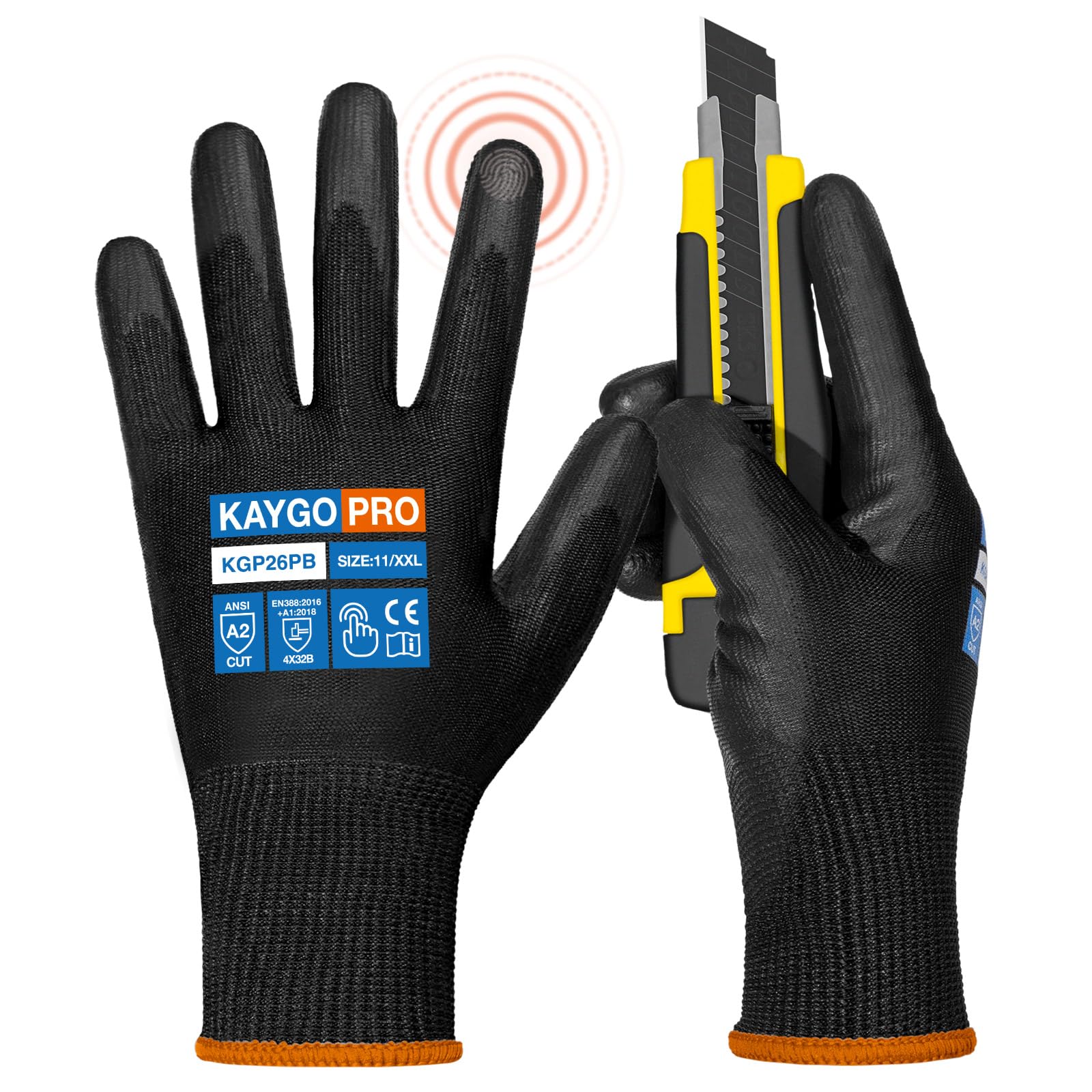 KAYGO Cut Resistant Gloves PU Coated, 12 Pairs Safety Work Gloves with full fingers Touchscreen, ANSI Cut Level A2, for Men and Women, Ideal for General Duty Work KG11P, Black,2XL