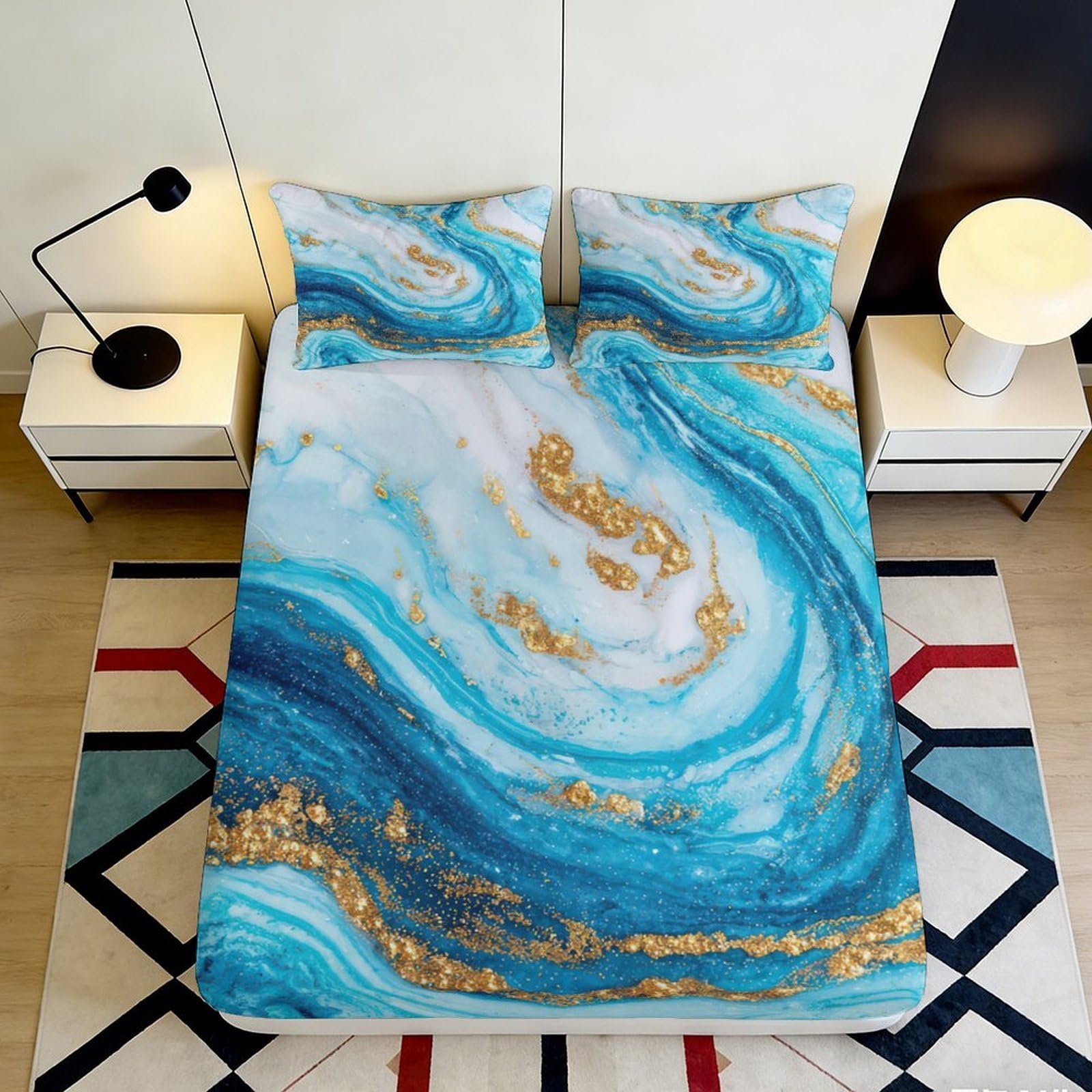3D Printed Blue Gold Marble Fitted Sheet Microfiber Soft Breathable Ocean Wave Mattress Cover for Bedroom Dormitory Guest Room Protection Decor 120x200x25cm