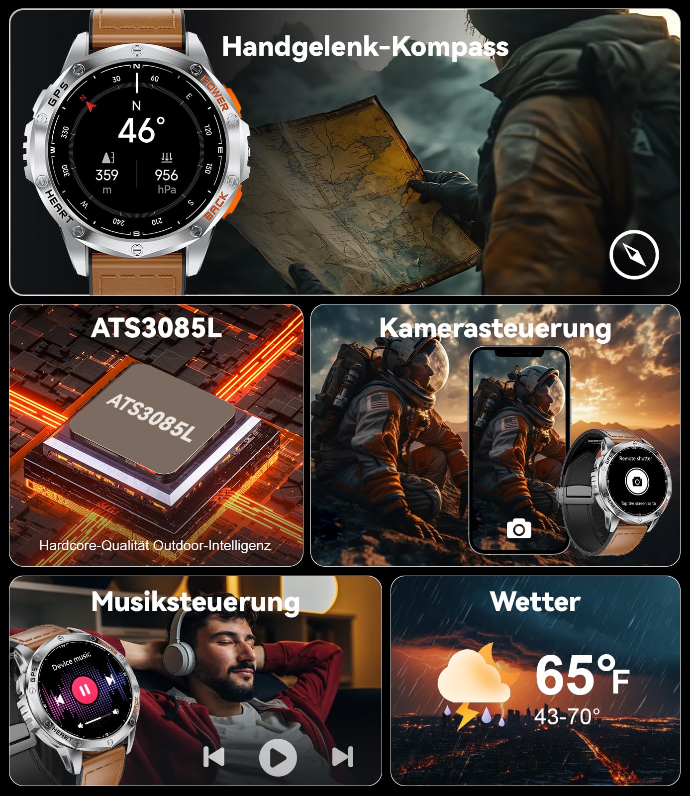 ESFOE Smartwatch Uomo GPS Militare Impermeabile 10ATM con Torcia LED 1,43" AMOLED Display Rugged Smartwatch Orologio con Chiamate Bluetooth, Altitudine, Pressione, Bussola, 530mAh per Android iOS