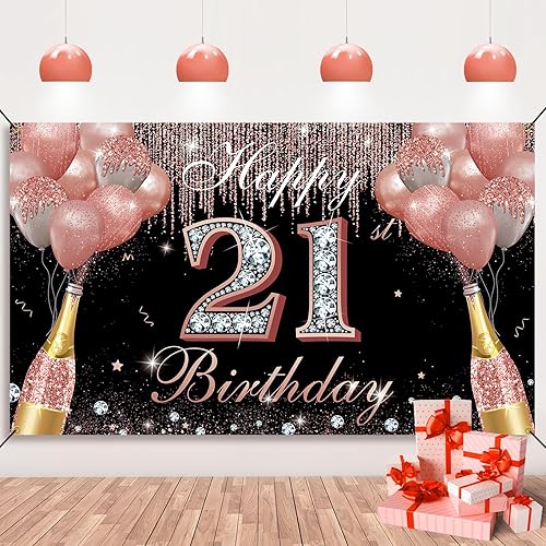 Decoraciones de cumpleaños 21 para ella, pancarta de feliz cumpleaños 21, telón de fondo de oro rosa, fiesta de cumpleaños de 21 años, letrero de