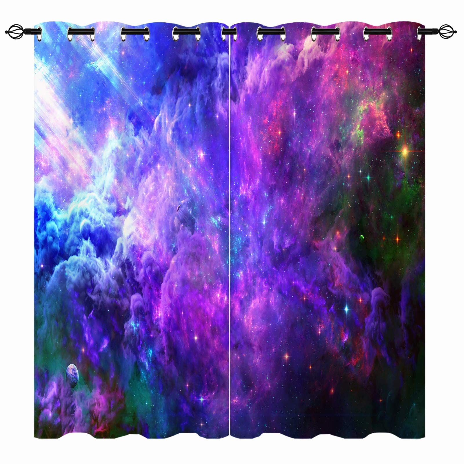 YUANZUGalaxy Curtains - Space Purple Blue Nebula Universe Sky Stars Print Pattern Eyelet Blackout Thermal Insulated & Room Darkening Window Drapes for Kids Boys Girls Bedroom 2 Panels W117cm x D137cm