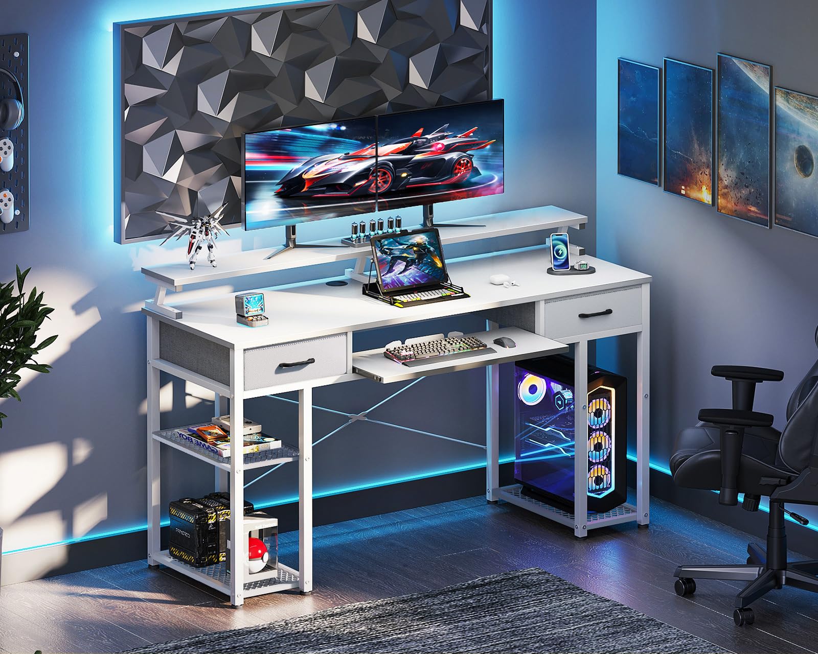 ODK Scrivania con 2 Cassetti, 120x48cm Scrivanie con Ripianiper, Scrivania Salvaspazio con Supporto per Monitor Tavolo Computer Reversibile per Ufficio in Casa, Bianca