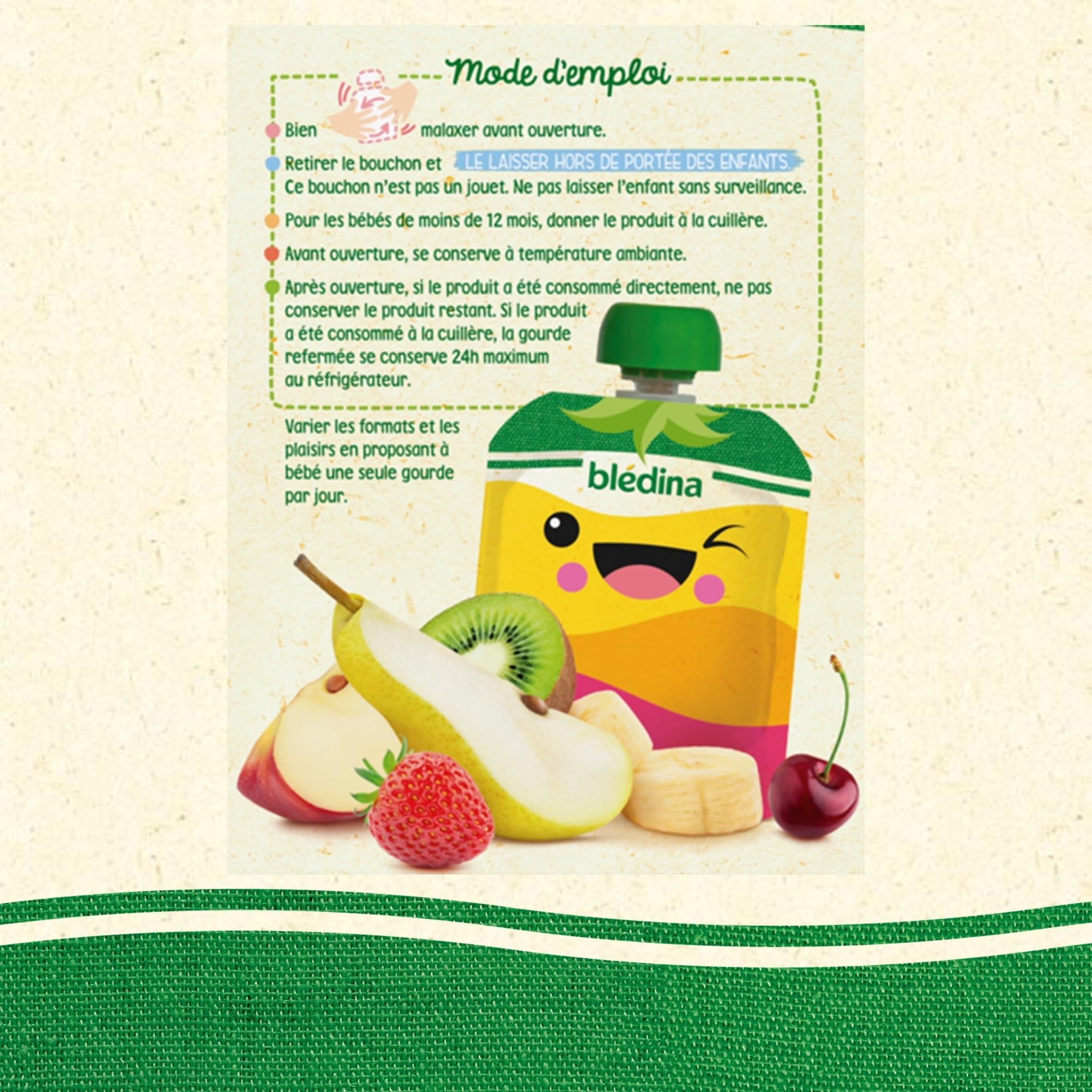 BLÉDINA - Gourdes de Purées de Fruits Bébé - Pomme, Poire, Banane, Fraise, Cerise, Kiwi - dès 6 Mois - 32 x 90 g