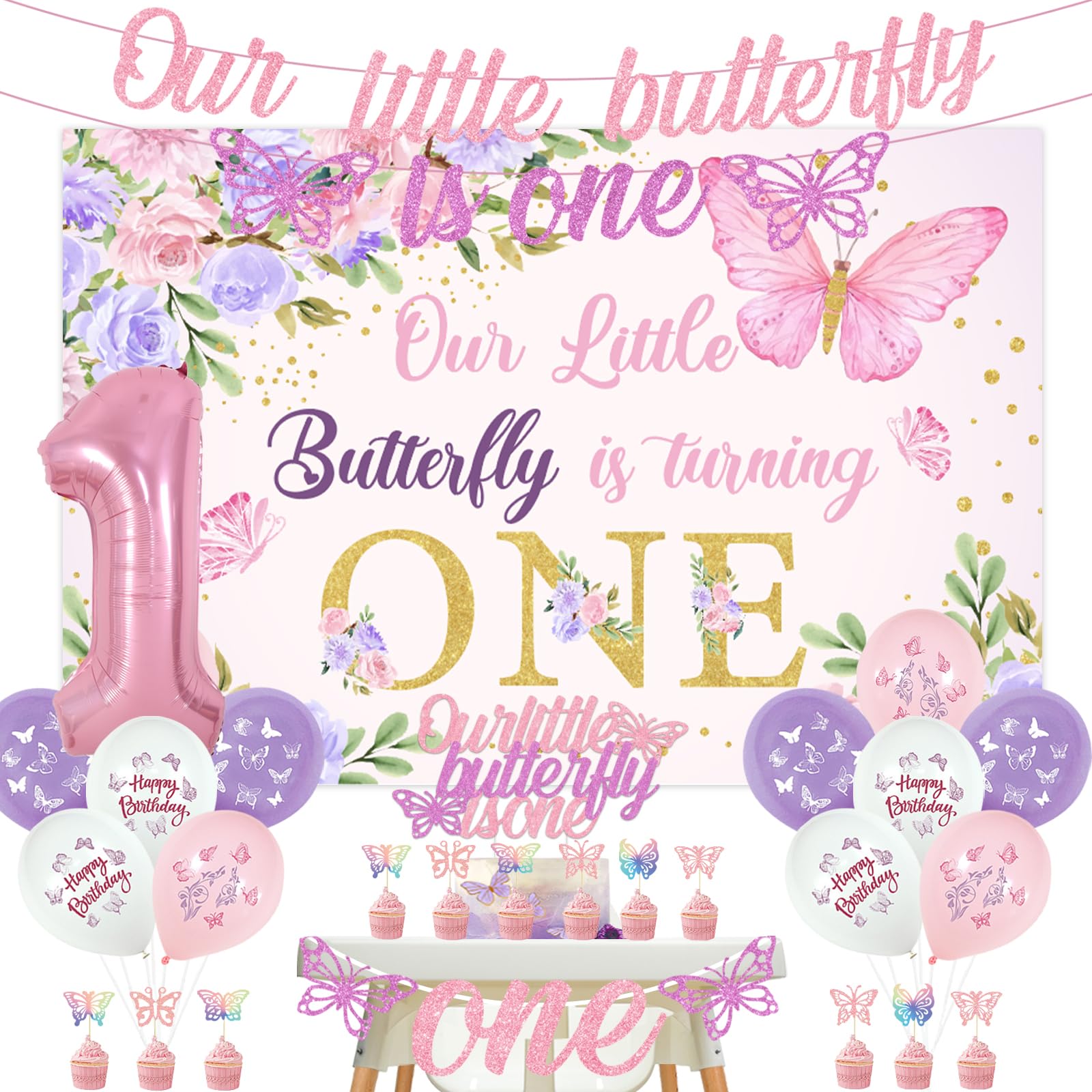 Fangleland Butterfly 1st Birthday Decorations for Girls, Pink Purple Our Little Butterfly is Turning One Backdrop Banner Cake Topper for First
