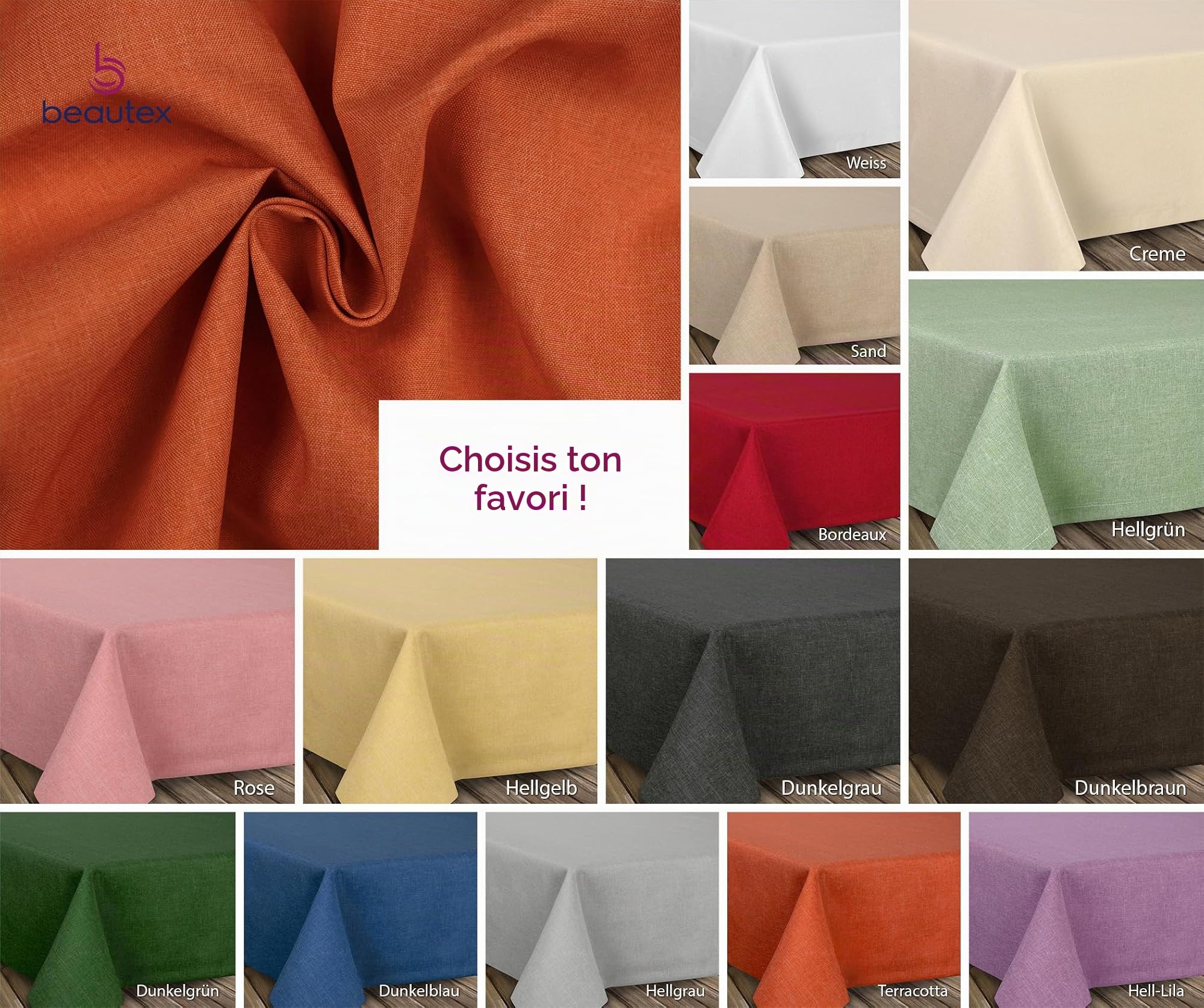 Beautex - Nappe en lin infroissable - Effet lotus - Forme ovale rectangulaire - Taille et couleur au choix, Textile, terracotta, Eckig 160x260 cm