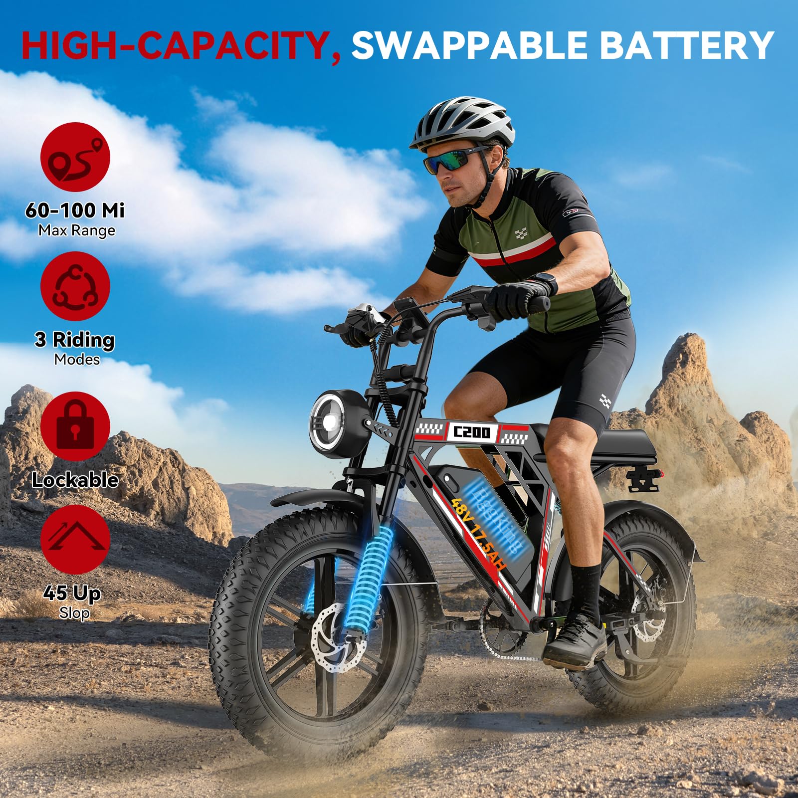 EGGKING Vélo Électrique 20" x 4.0 Fat Tire Double Suspension 7 Vitesses E-Bike Adulte Batterie Amovible 48V 17.5/15Ah Affichage Contrôle APP