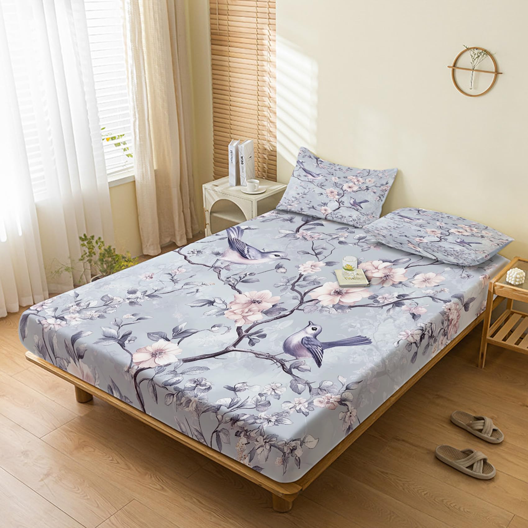 Generic Bird Fitted Sheet Small Double, with 2 Pillowcases - Floral Flower Bed Sheets & Bedroom Decor & Gift, 30 cm Deep Pocket, Soft Brushed Microfiber Bedding - SWJ2626