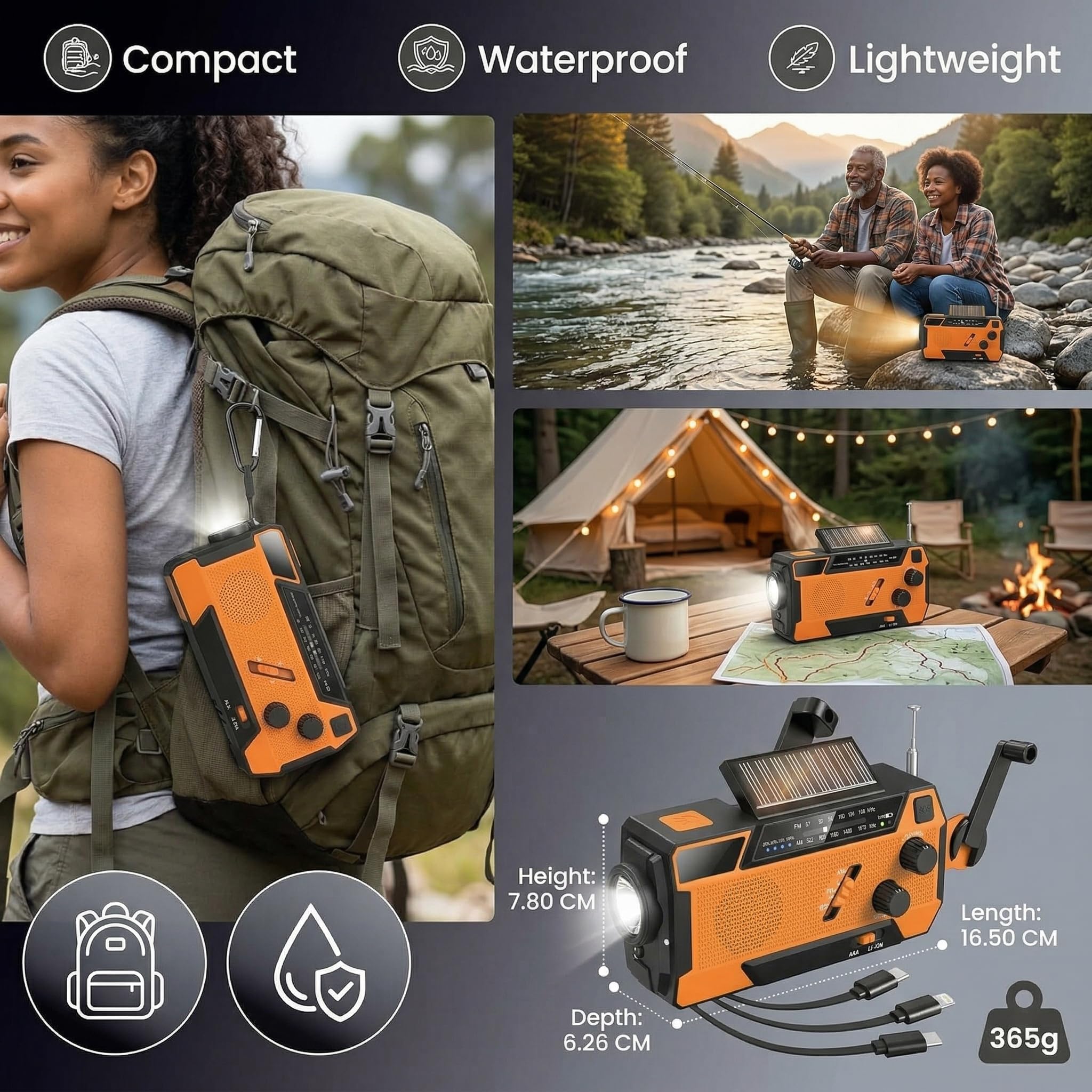 Radio di Emergenza a Manovella con Pannello Solare, Powerbank 2000mAh, Torcia LED SOS