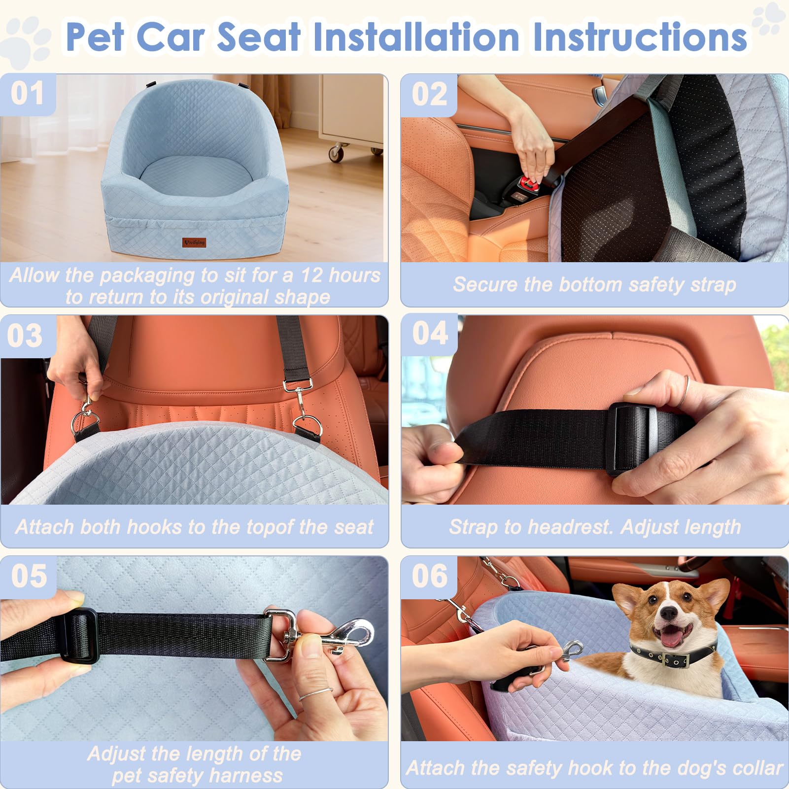 Vivifying Asiento de coche para perros pequeños y medianos, asiento para perros lavable con correa de seguridad y bolsillos de almacenamiento, asiento elevado para el asiento delantero y trasero, gris