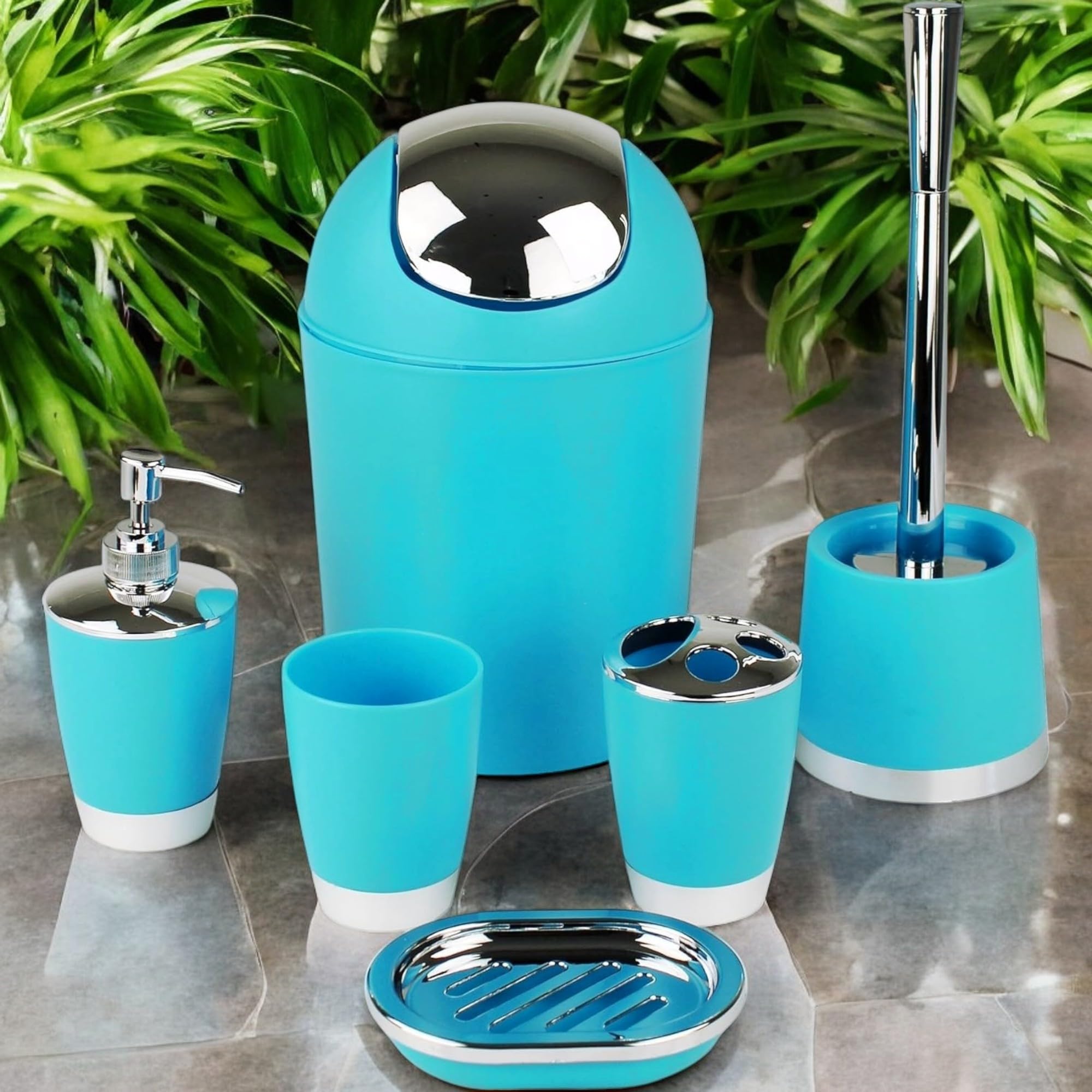 6-teiliges Badset Hellblau - Komplett Set Mit Seifenspender & WC-Bürste