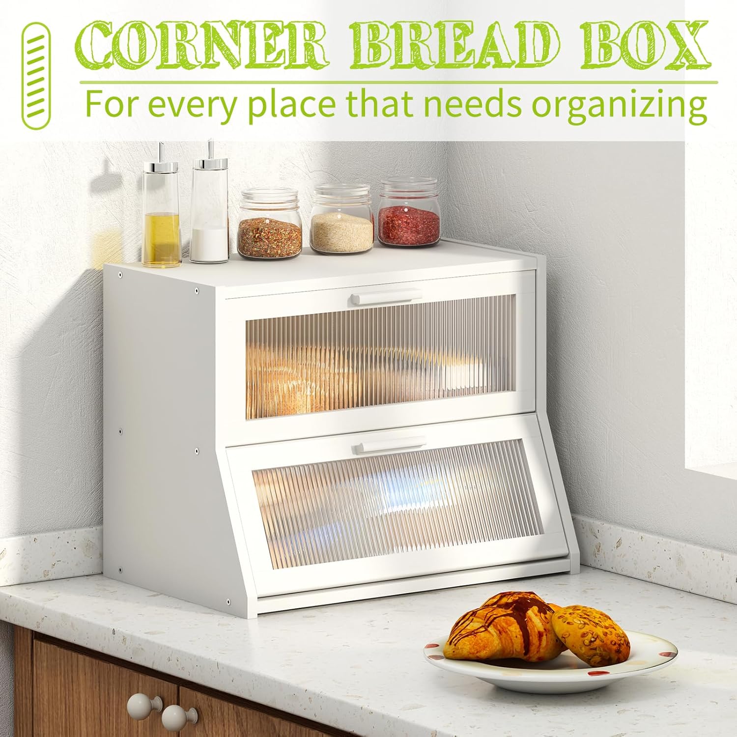 BMOSU Large Bread Box Double Layer Bamboo Bread Box for Kitchen Counter Container Farmhouse Bread Holder Capacity Bread Storage Bin(White)