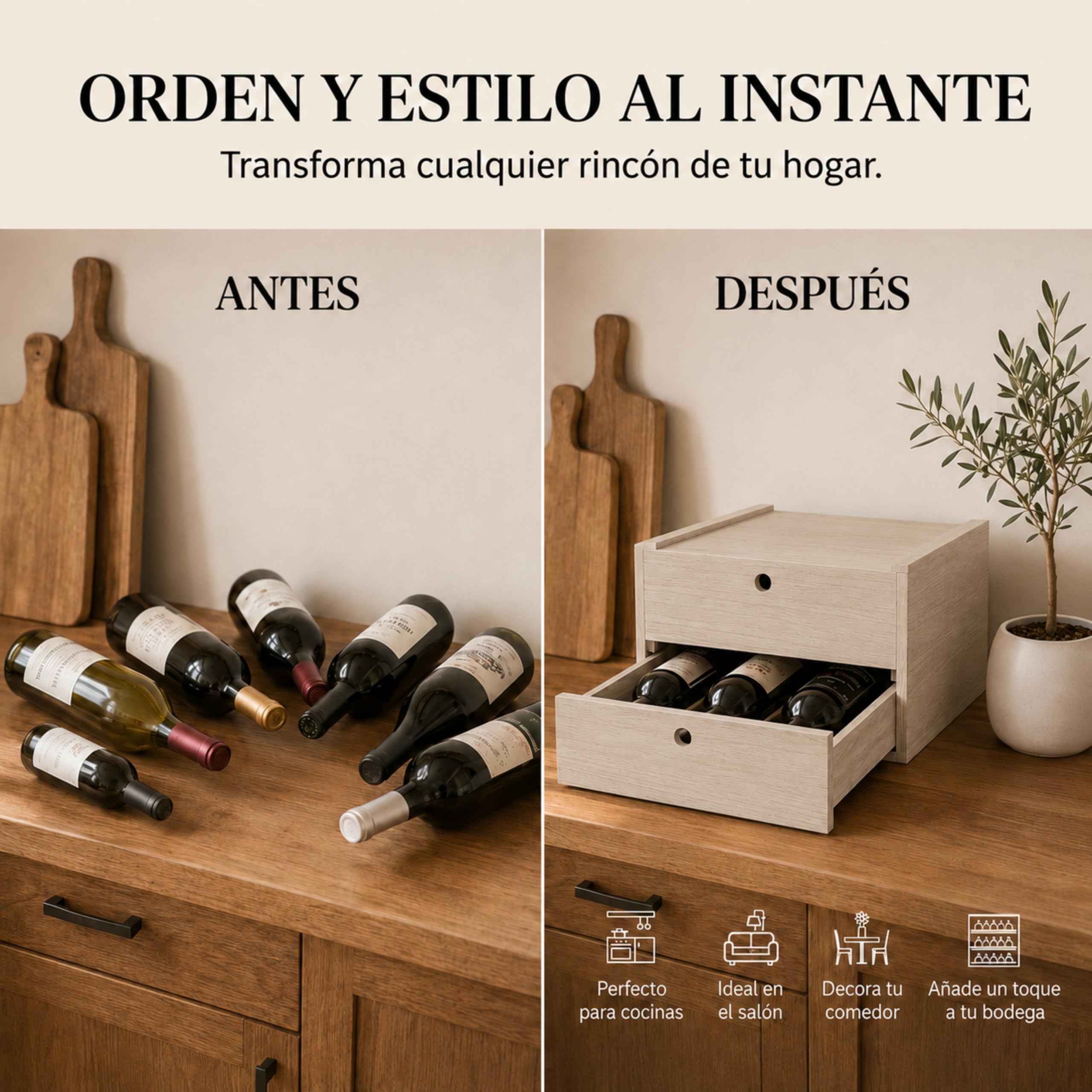 246000 - Botellero Caja para 6 Botellas, Madera, Color Roble Claro