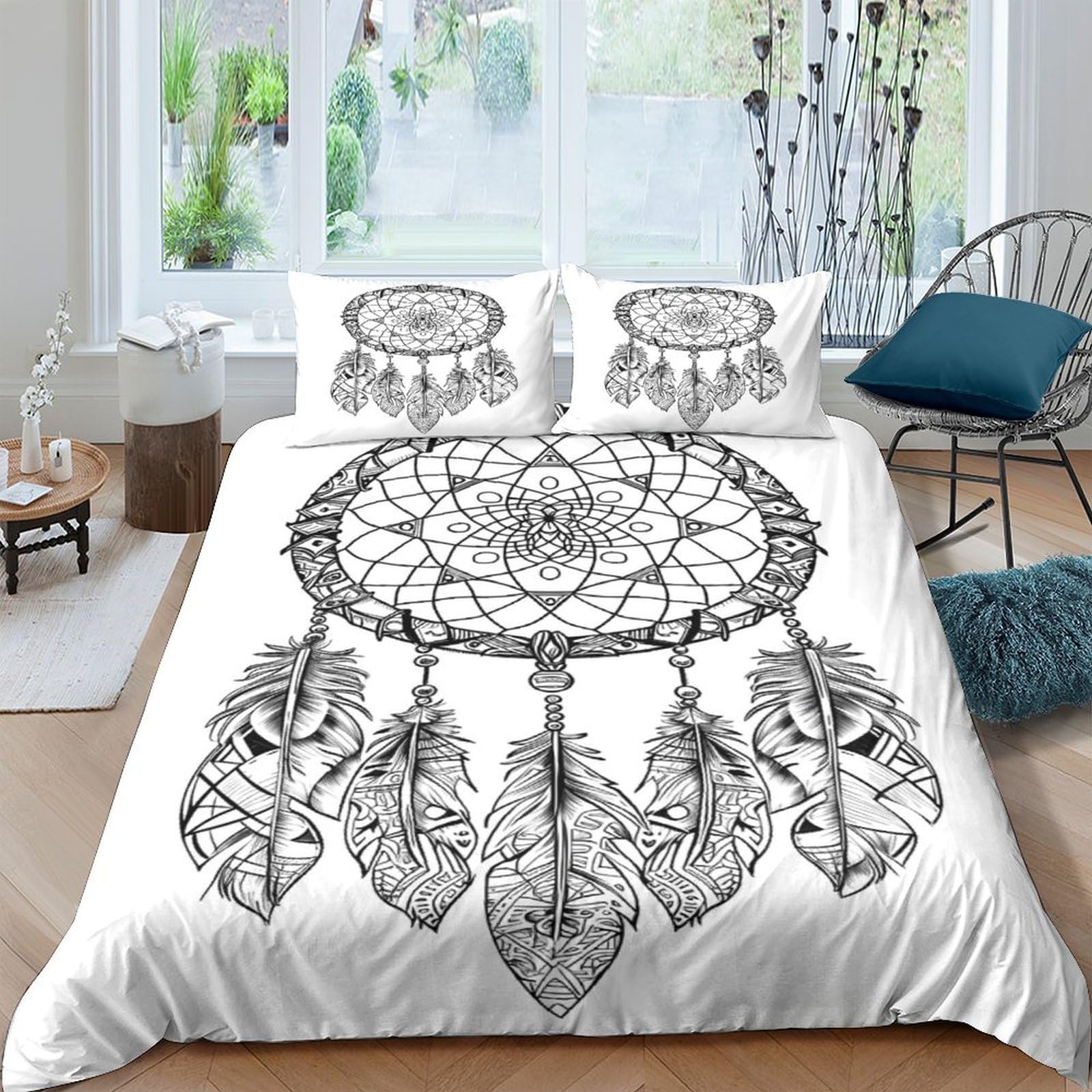 GPLZQXKJNH 3D Printed Dreamcatcher Duvet Cover Microfiber Soft Breathable Feather Bedding Set with 2 Pillowcases for Bedroom Decor Single（135x200cm）