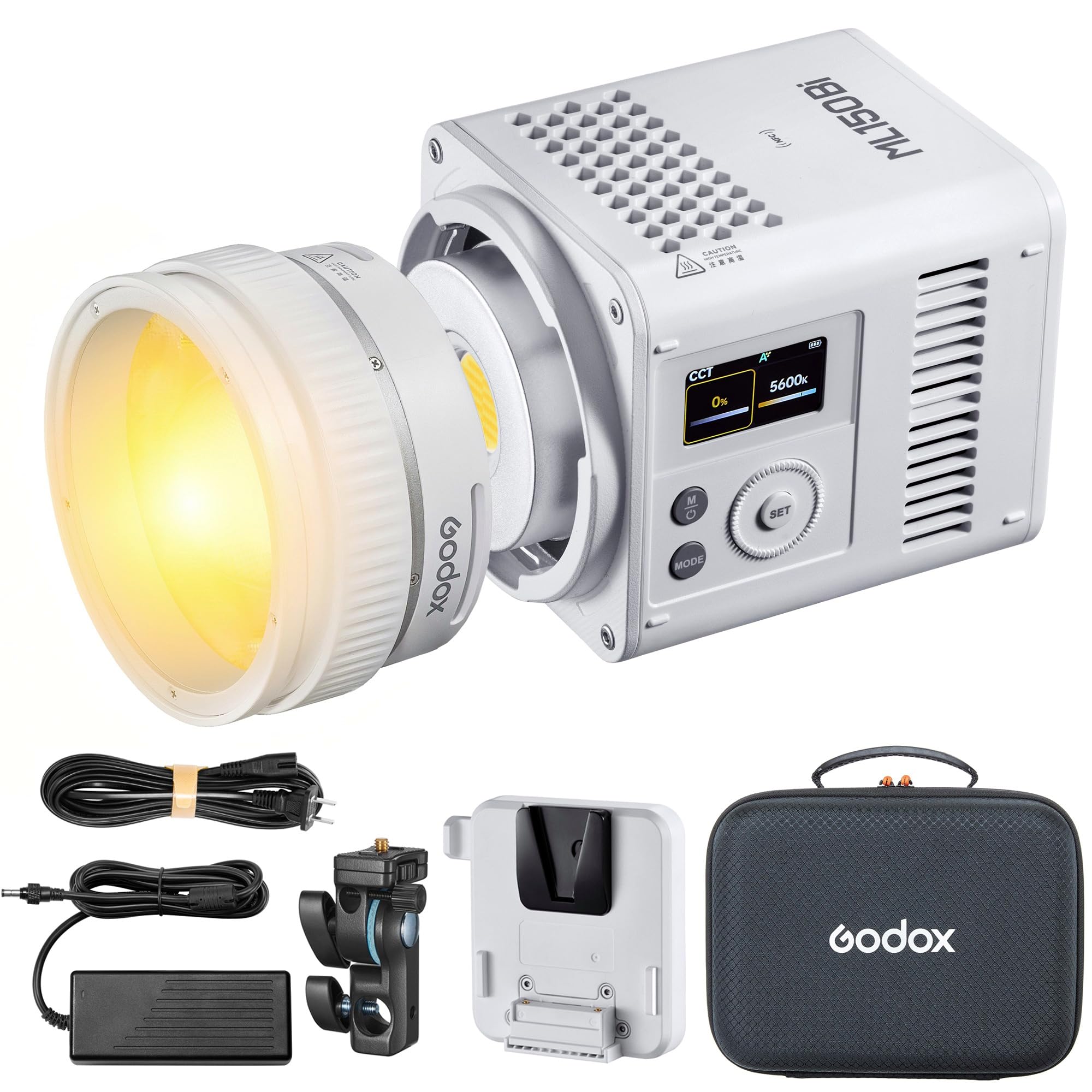 Godox ML150BI Dwukolorowe oświetlenie LED wideo, 2800K-6500K 61054 Lux Zestaw Oświetlenia Wideo, Kontrolka APP/DMX/NFC, z obiektywem zoom ML-Z i reflektorem oraz adapterem akumulatora V-Mount ML-VMA