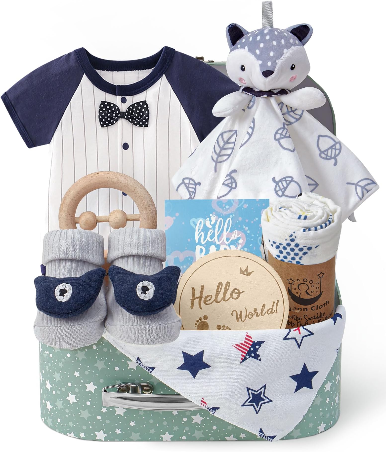 Baby Boy Gifts for Baby Shower, 9pcs Newborn Essential with Fox Lovey/Blanket/Onesie/Wooden Rattle/Socks/Bib/Suitcase, Welcome Baby Gift Box Gender Reveal Infant Boy Gift Basket Set 0-6 Month