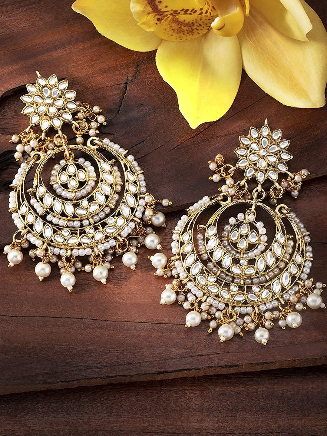 I Jewels Gold Plated Indian Chandbali Kundan & Pearl Earrings for Women