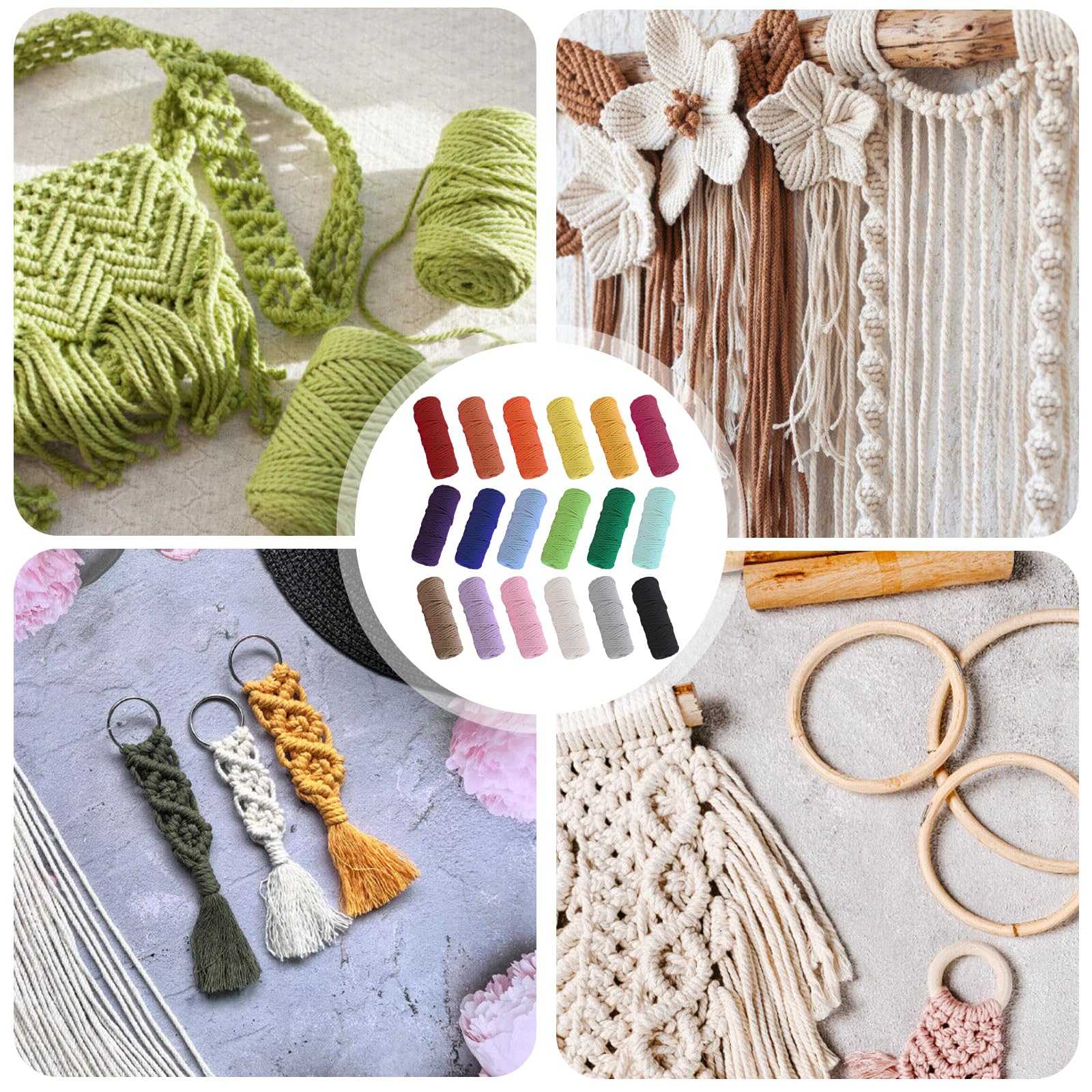 Juego de hilo de macramé de 3 mm x 30 m, 18 unidades de hilo de algodón de macramé, cuerda de algodón multicolor para manualidades, macramé, punto bohemio, decoración para salón, balcón (3 mm)
