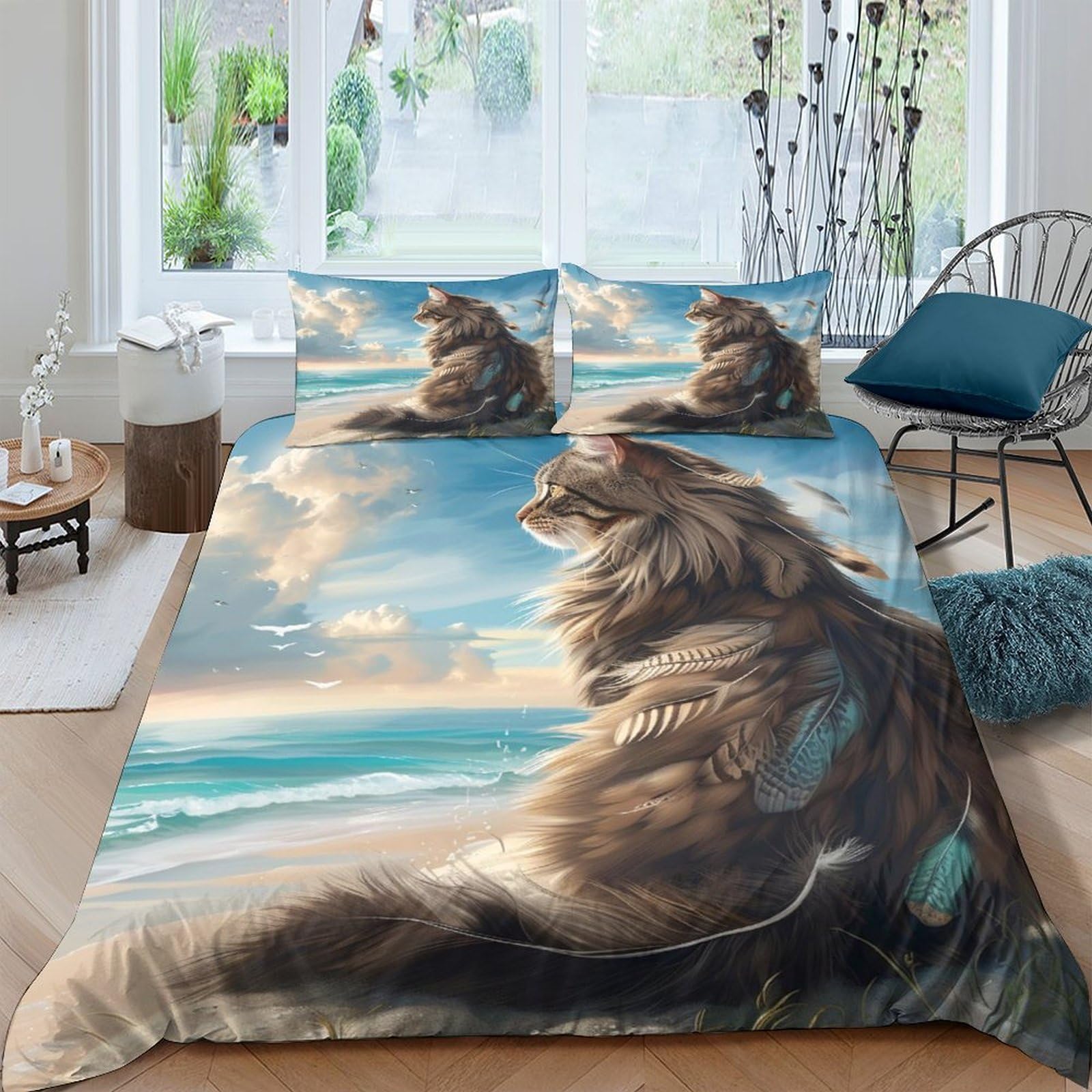 TUFRTGYHN 3D Printed Ocean Cat Duvet Cover Set Microfiber Soft Breathable Beach Sunset Quilt Cover with 2 Pillowcases for Bedroom Decor Single（135x200cm）