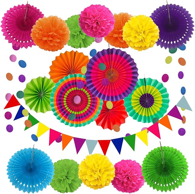 ZERODECO Party Decoration, 21 Pcs Multi-color Hanging Paper Fans, Pom Poms Flowers, Garlands String Polka Dot and Triangle Bunting Flags for Birthday Parties, Wedding Décor, Fiesta or Mexican Party