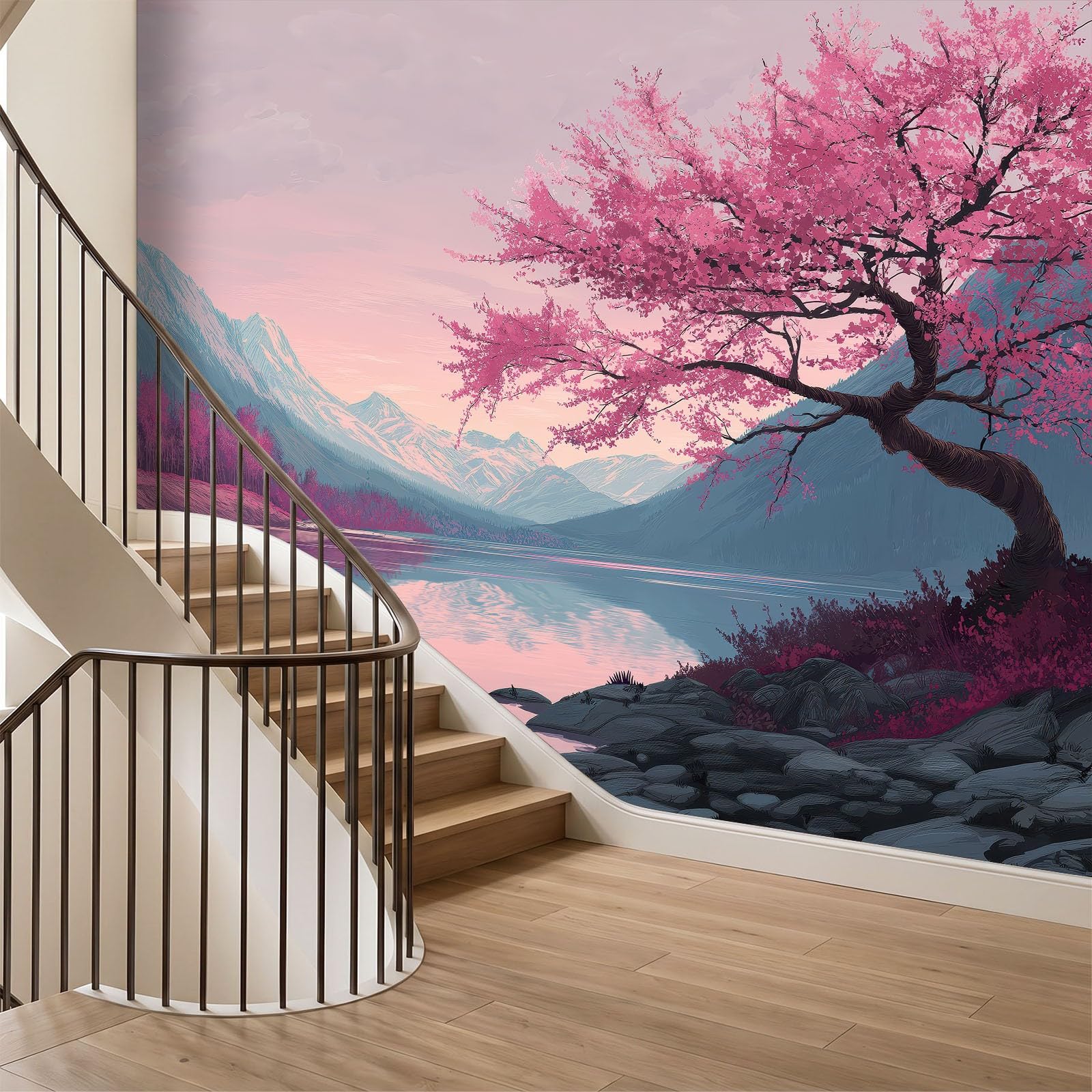 Fototapeta z efektem 3D, krajobraz, jezioro, drzewa wiśni, kwiaty, różowa, tapeta 200 x 140 cm, tapeta z włókniny, nowoczesna tapeta ścienna, salon, sypialnia, pokój dziecięcy, dekoracja ścienna