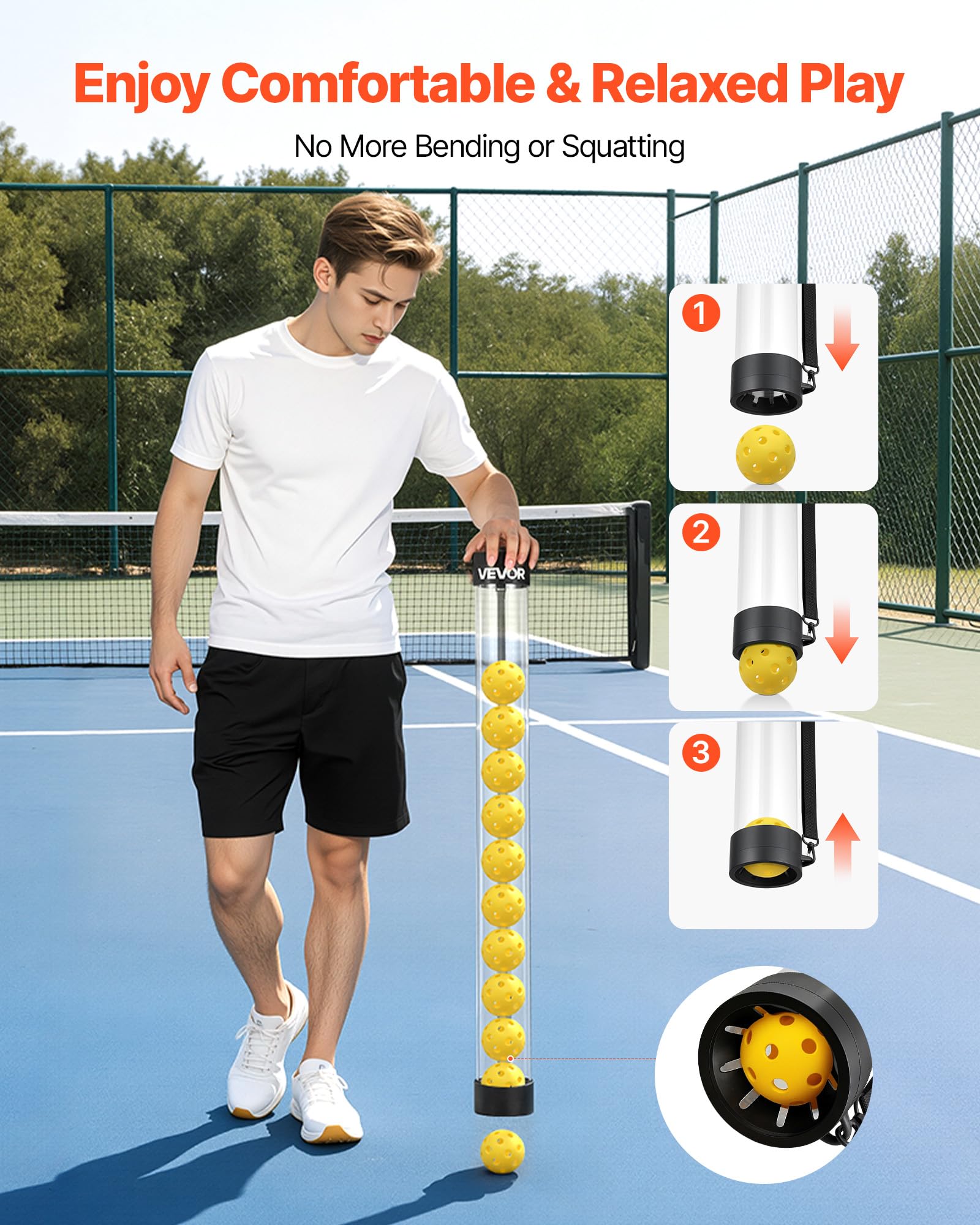 VEVOR Panier à Balles de Tennis et Pickleball 2-en-1 avec roulettes, Capacité de 150 Balles de Tennis ou 260 Pickleballs, Chariot Pliable avec Tube de Ramassage, Panier Portable pour Entraînement