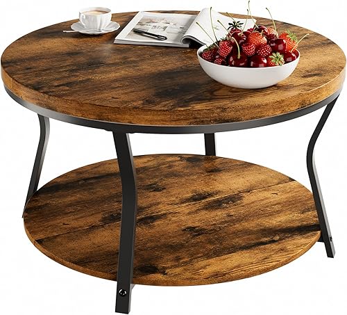 Miniatura 7 de Mesas de centro redondas para sala de estar, mesa de centro circular de madera, mesa central industrial moderna de 2 niveles con mesa gruesa y marco