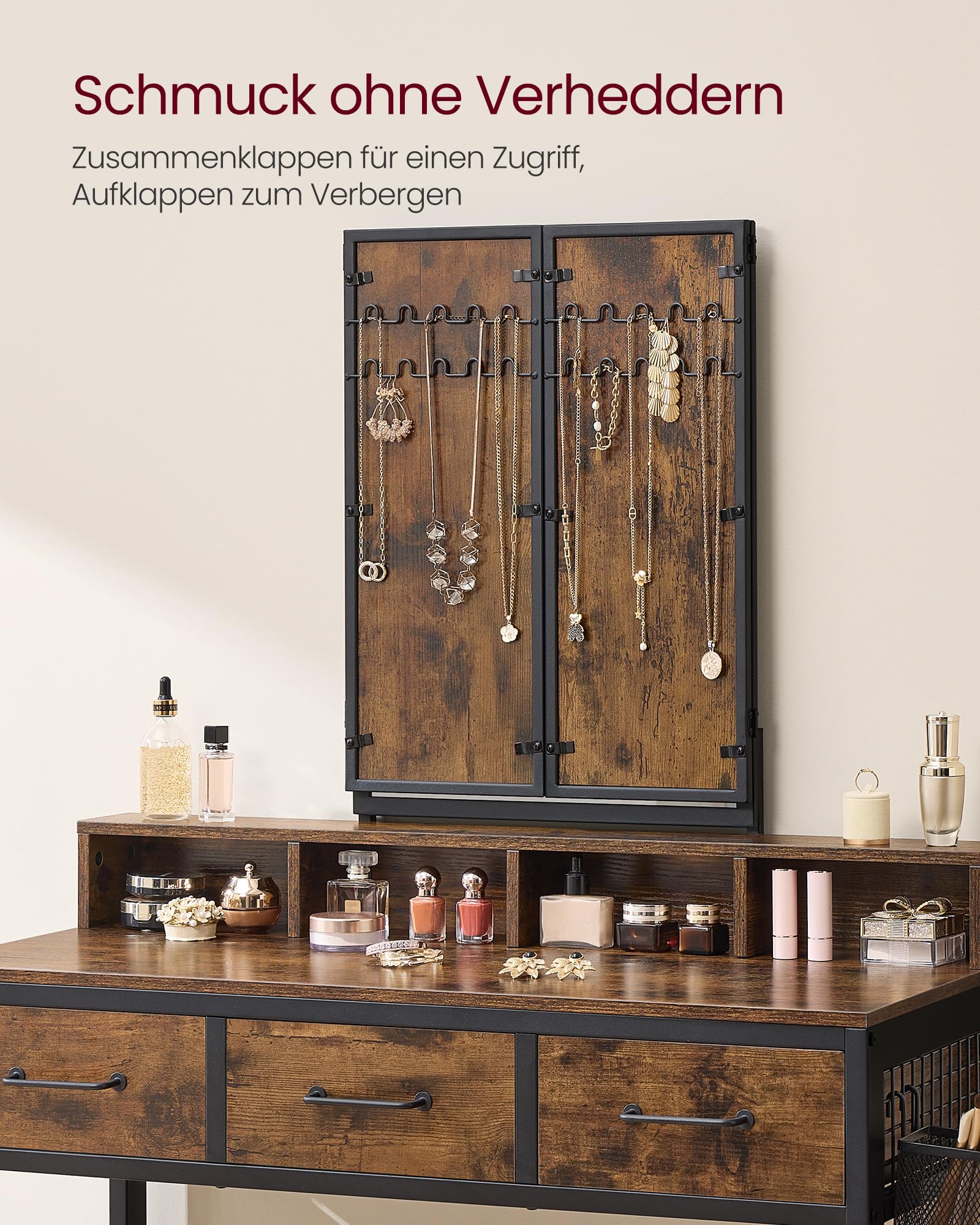 VASAGLE Doppel-Unterschrank-Set mit gepolstertem Hocker, Schminktisch mit Dreispiegel, 3 Schubladen, Haartrockner, Schminktisch, industrieller Stil, rustikal braun und schwarz RVT004B01