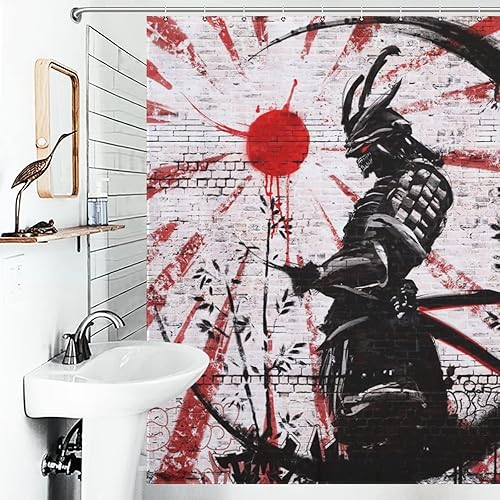 Miniatura 4 de Cortina de ducha de guerrero japonés (72 x 72 pulgadas), juego de cortina de ducha de tela de poliéster impresa para baño con ganchos