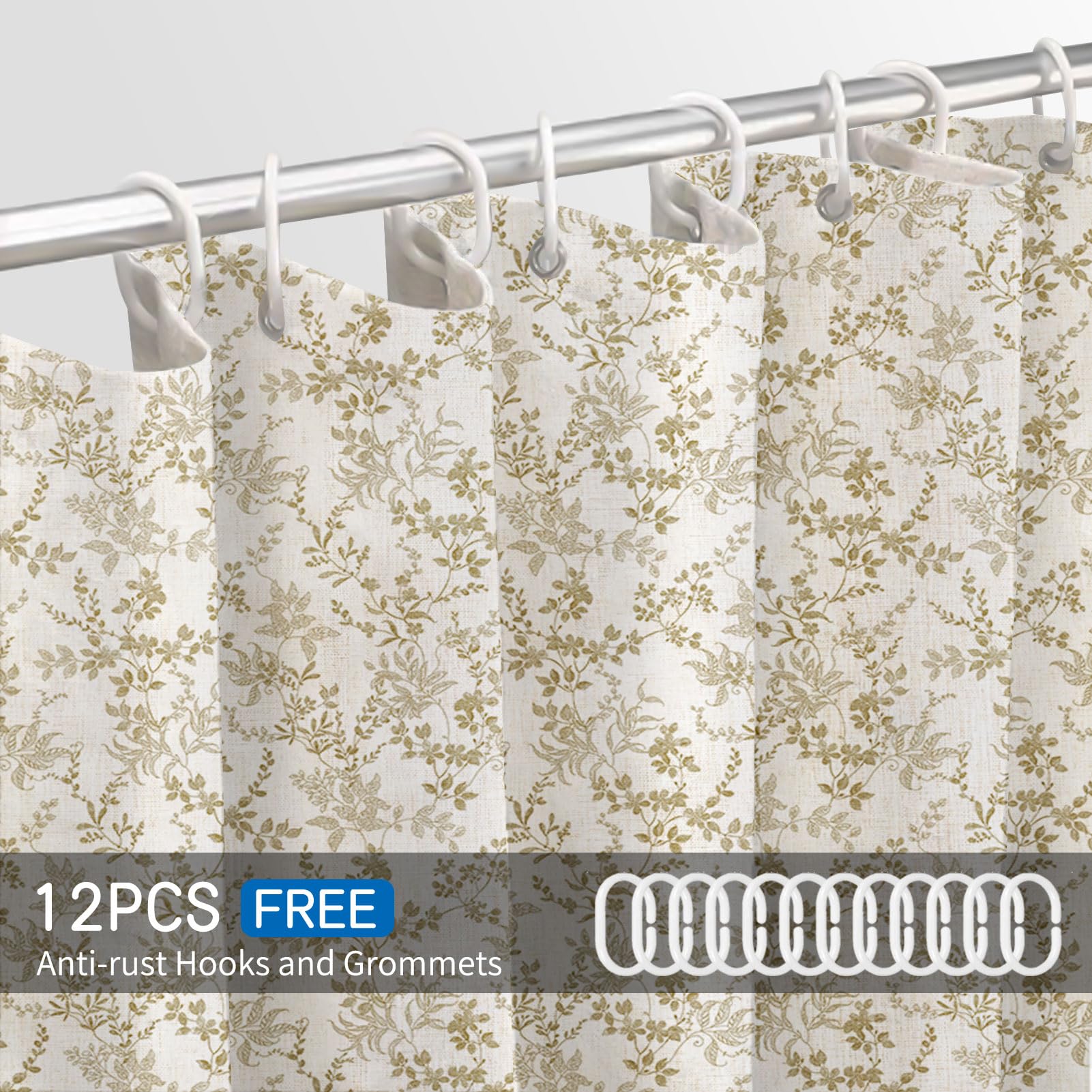 Ksriylm Farmhouse Elegance Floral Shower Curtain for Bathroom Decor,Linen Cotton Bathroom Curtains with12 Hook,Cloth Flower Leaves Waterproof Bathtub Curtain with 72" W x 72" L,Brown - Image 4