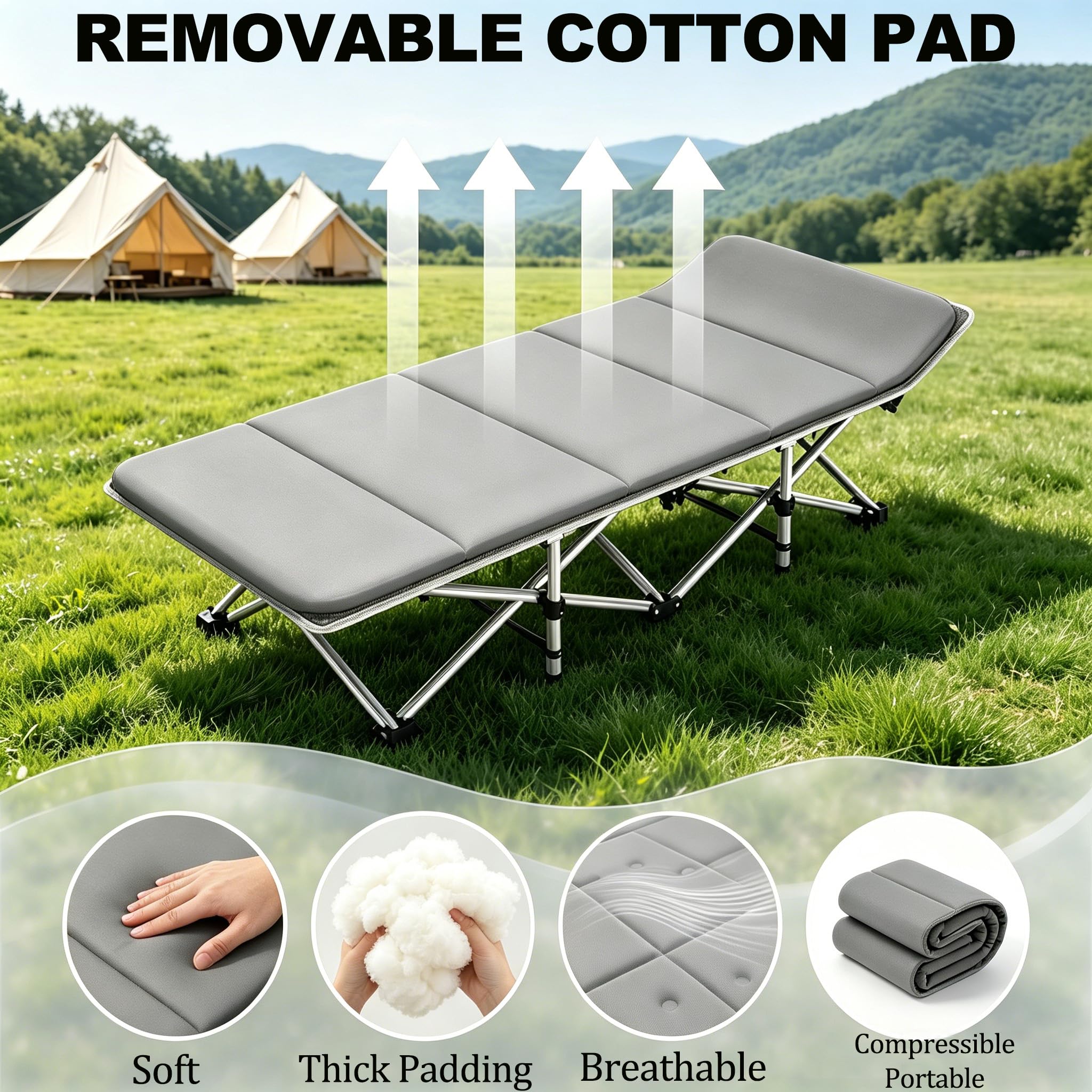 Tragbares, faltbares Campingbett mit Matratze, strapazierfähig, übergroßes Nickerchenbett für Camping, Büro, Wandern, Angeln, Schlafliege, Reisen, Zuhause, 299,8 kg Tragkraft
