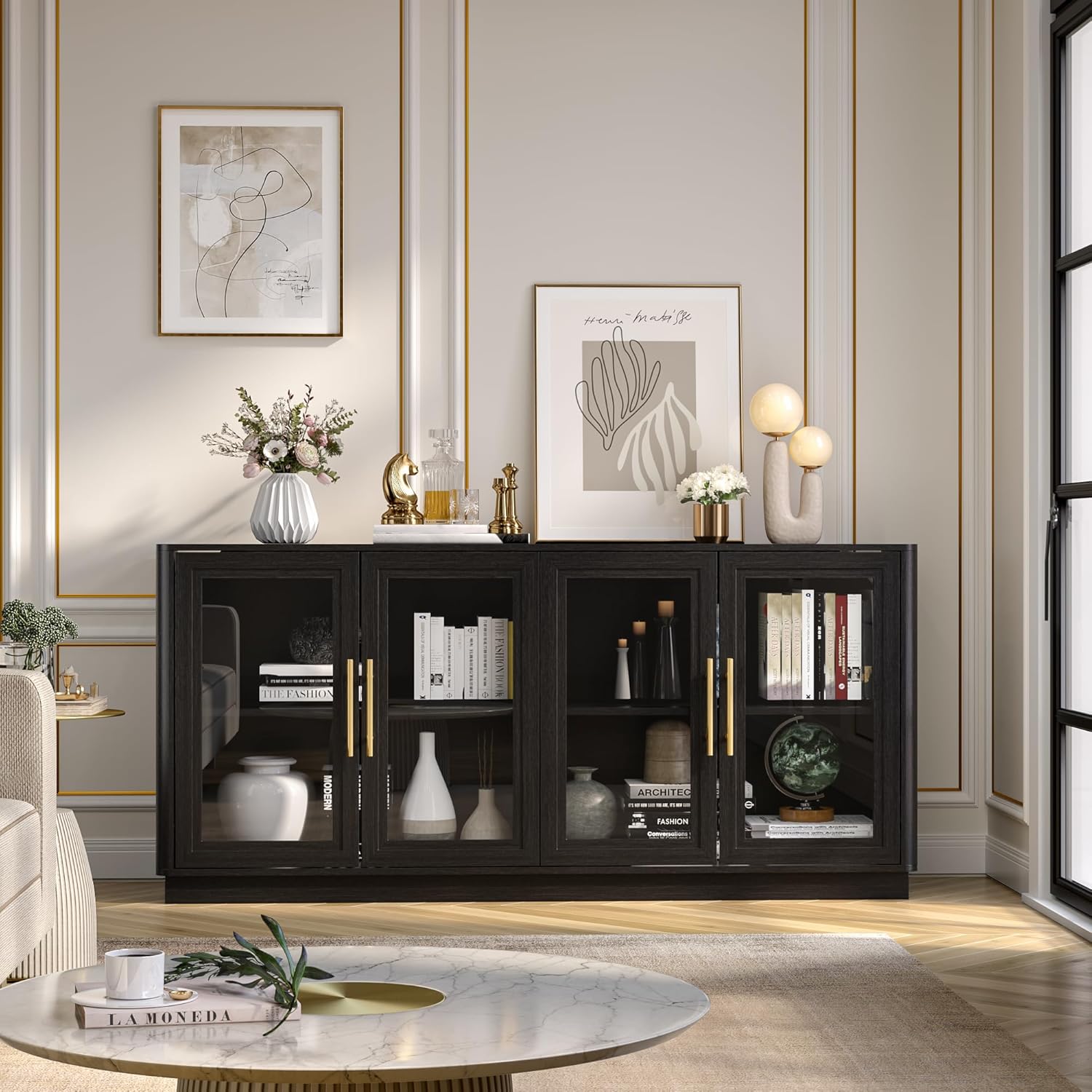 NEWOWNDS Buffet Cabinet with Storage,63" Large Dining Room Furniture Sideboard Buffet Table with 4 Glass Doors, Glass Display Cabinet,for Kitchen,Modern, Black