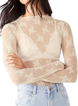 トップス MANOF MESH SLEEVE LAYERED TOPS Sheer Mesh Short Sleeve Layering Top for Women Mock Neck