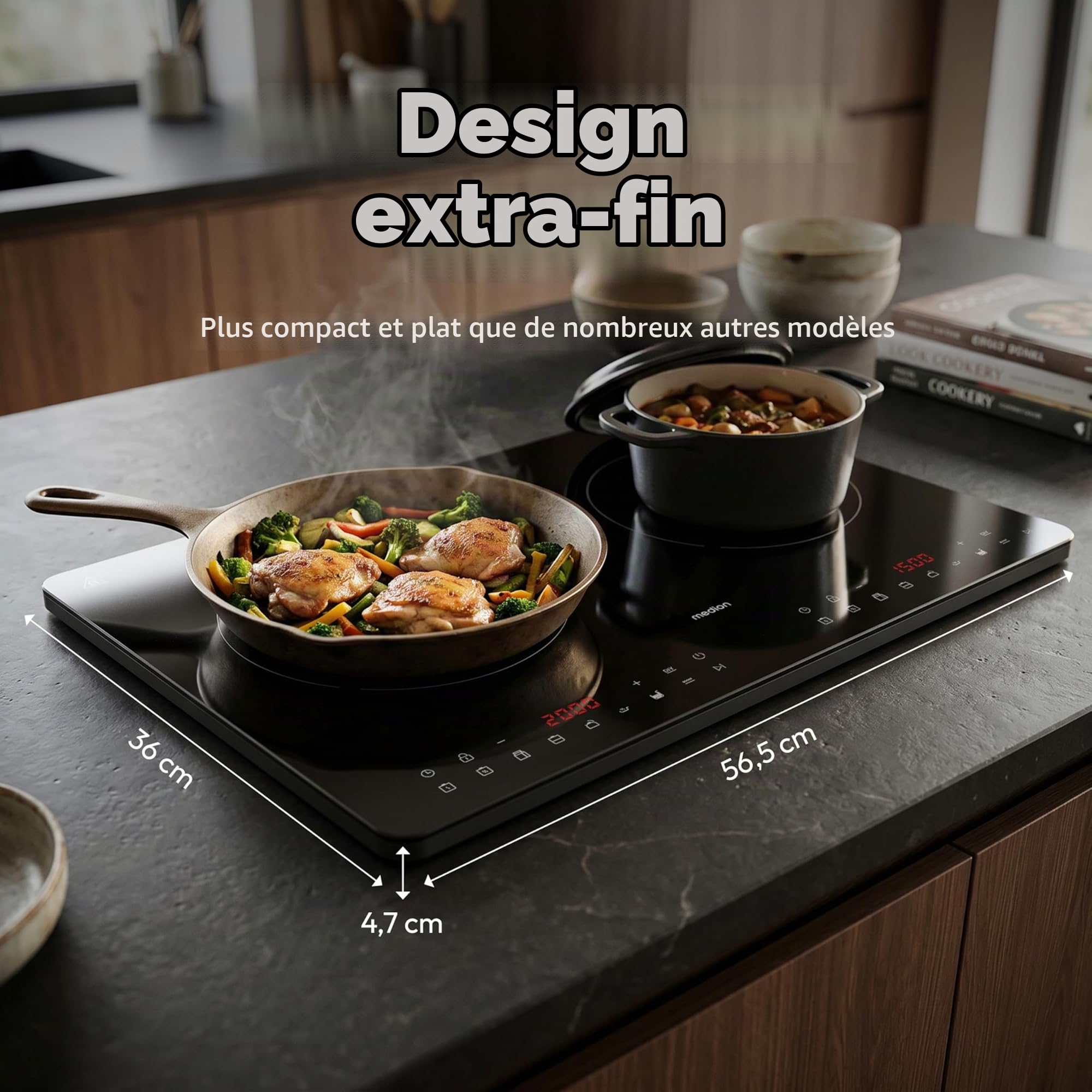 MEDION IC20D Plaque induction 2 foyers 3500 W extra plate | 8 programmes automatiques, mode DIY, écran LED, commande tactile, surface verre sans joint
