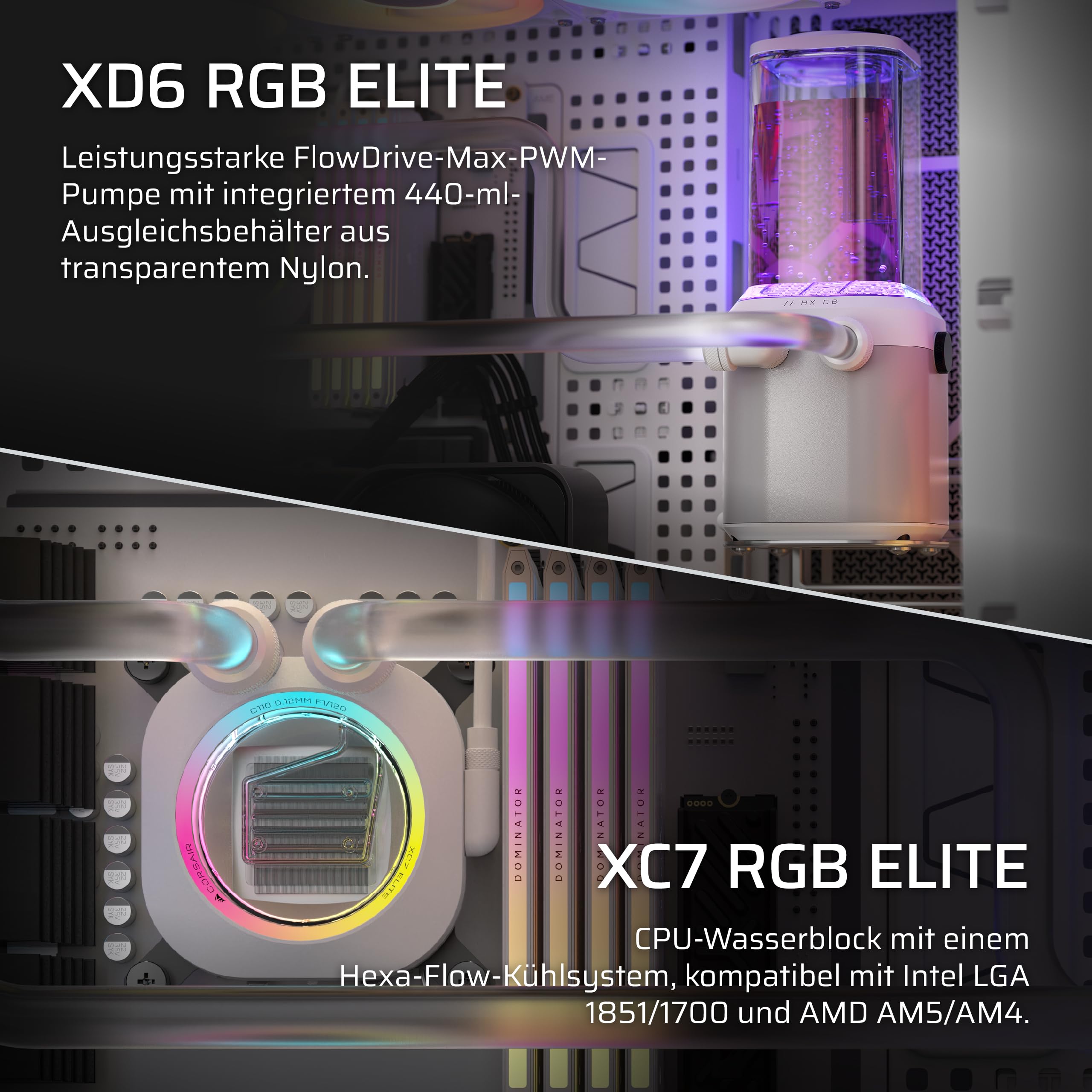 CORSAIR iCUE LINK XH505i RX 360 RGB Individuelles Kühlungs-Kit – XC7 ELITE CPU-Wasserblock, XD6 ELITE-Pumpenreservoir, 3x RX120 RGB-Lüfter, XR5 360-mm-Radiator, iCUE LINK-Systemhub - Weiß