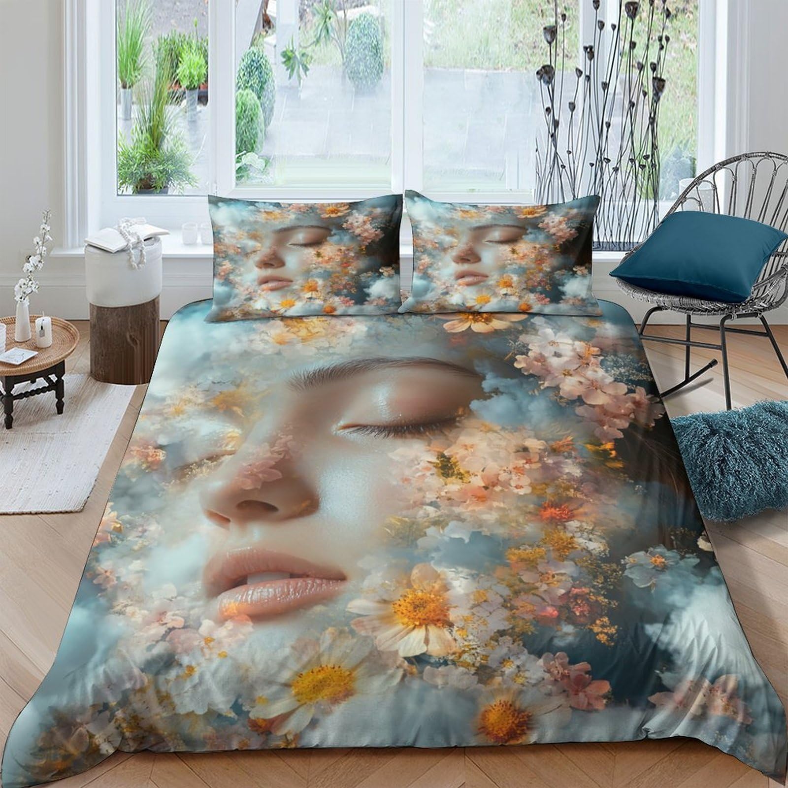 Ctjqhvkz Style-5 3D Printed Dreamy Face Fitted Sheet Microfiber Soft Floral Art Mattress Cover For Bedroom Dorm Decor Single（135X200cm）