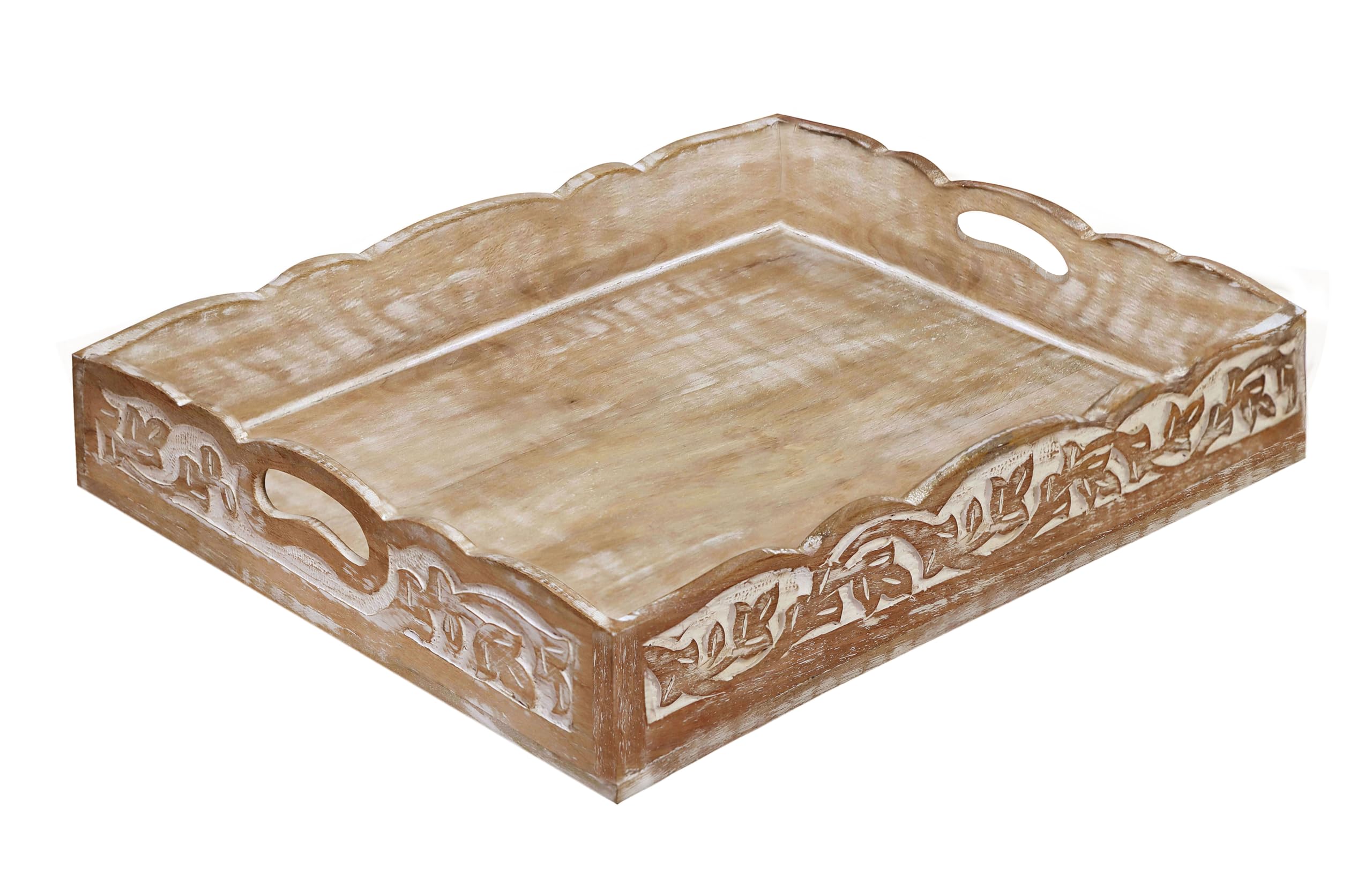 Plateau de service en bois massif sculpté à la main, plateau chic blanc délavé 43x33 cm